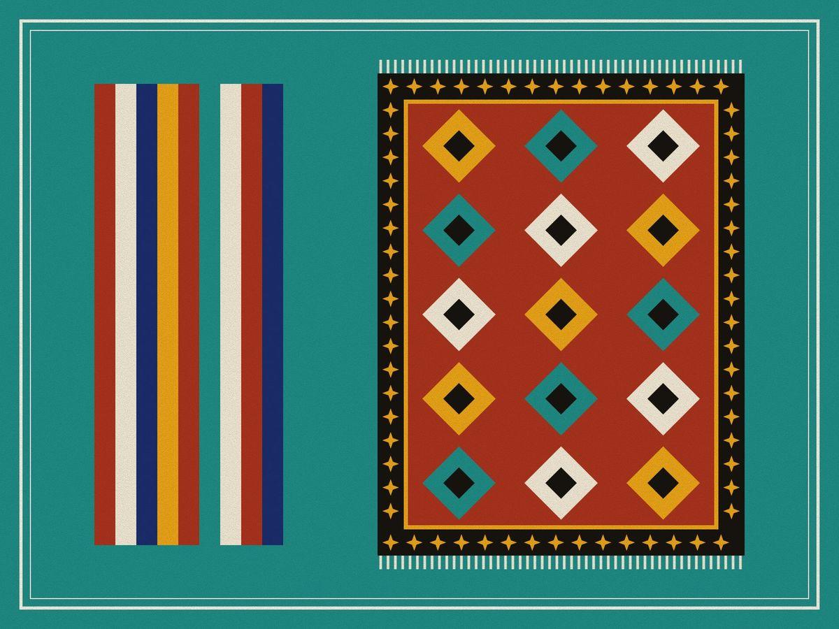 A striped jajim of narrow bands in red, ivory, indigo, saffron and turquoise beside a red kilim of stepped diamonds in saffron, turquoise and ivory, on turquoise, inside a ruled frame.