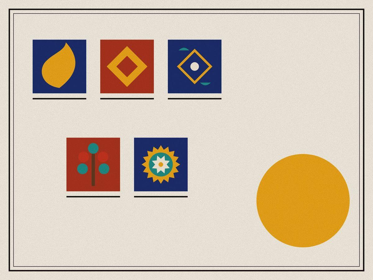 A sampler of five carpet motifs on red and indigo squares: the boteh, the gul, the herati, the tree of life and the medallion, beside a saffron sun, inside a ruled frame.