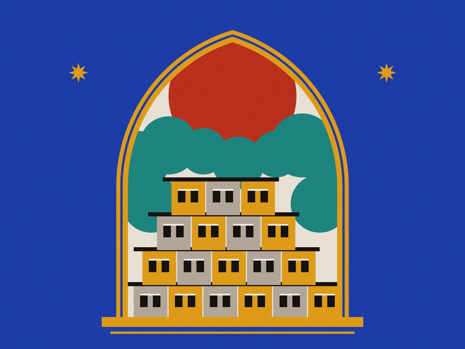 The stepped houses of Masuleh climbing a hillside among turquoise forest under a red halo, each roof the street of the row above, inside a pointed arch
