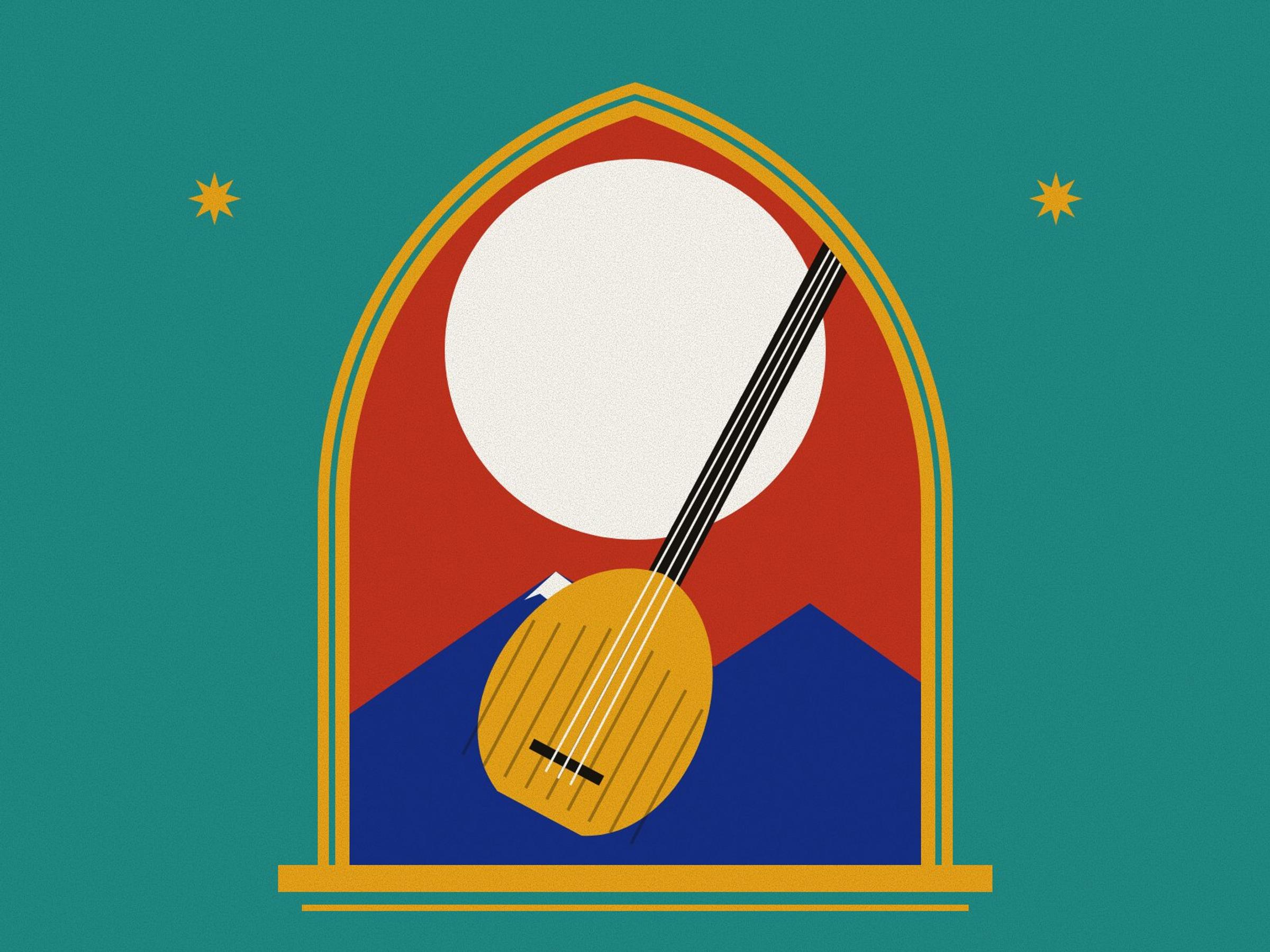 A long-necked saffron saz laid across a white halo on red inside a pointed arch, a snow-tipped mountain behind