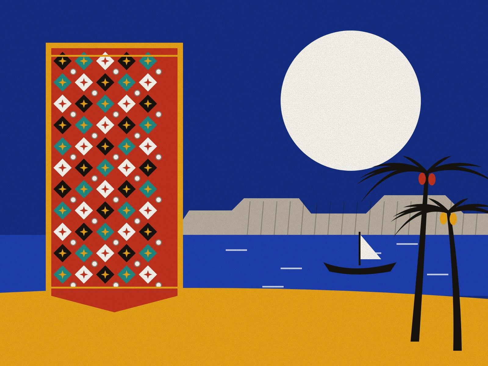 A long panel of Baluch needlework, red and saffron-edged, filled with diamonds and stars and set with tiny mirrors, beside the Makran coast at night with a dhow on the sea, clay hills, saffron sand and date palms under a white moon.