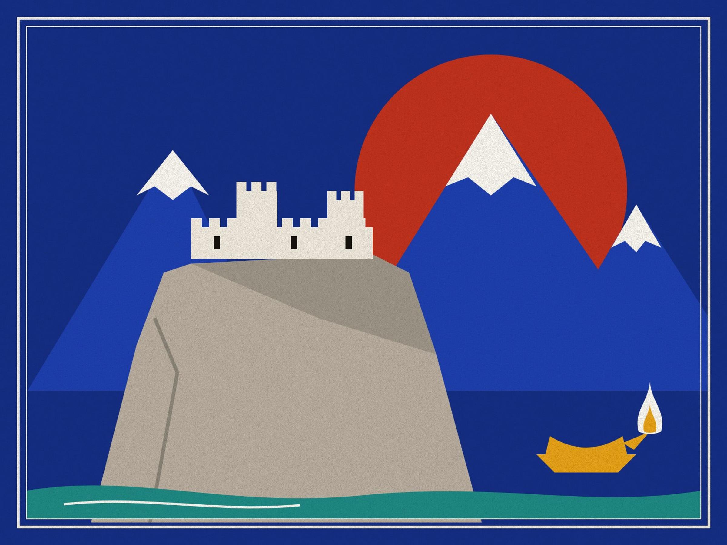 The castle of Alamut on its sheer rock before snow-capped peaks and a red halo on deep blue, with a river below and a small oil lamp burning