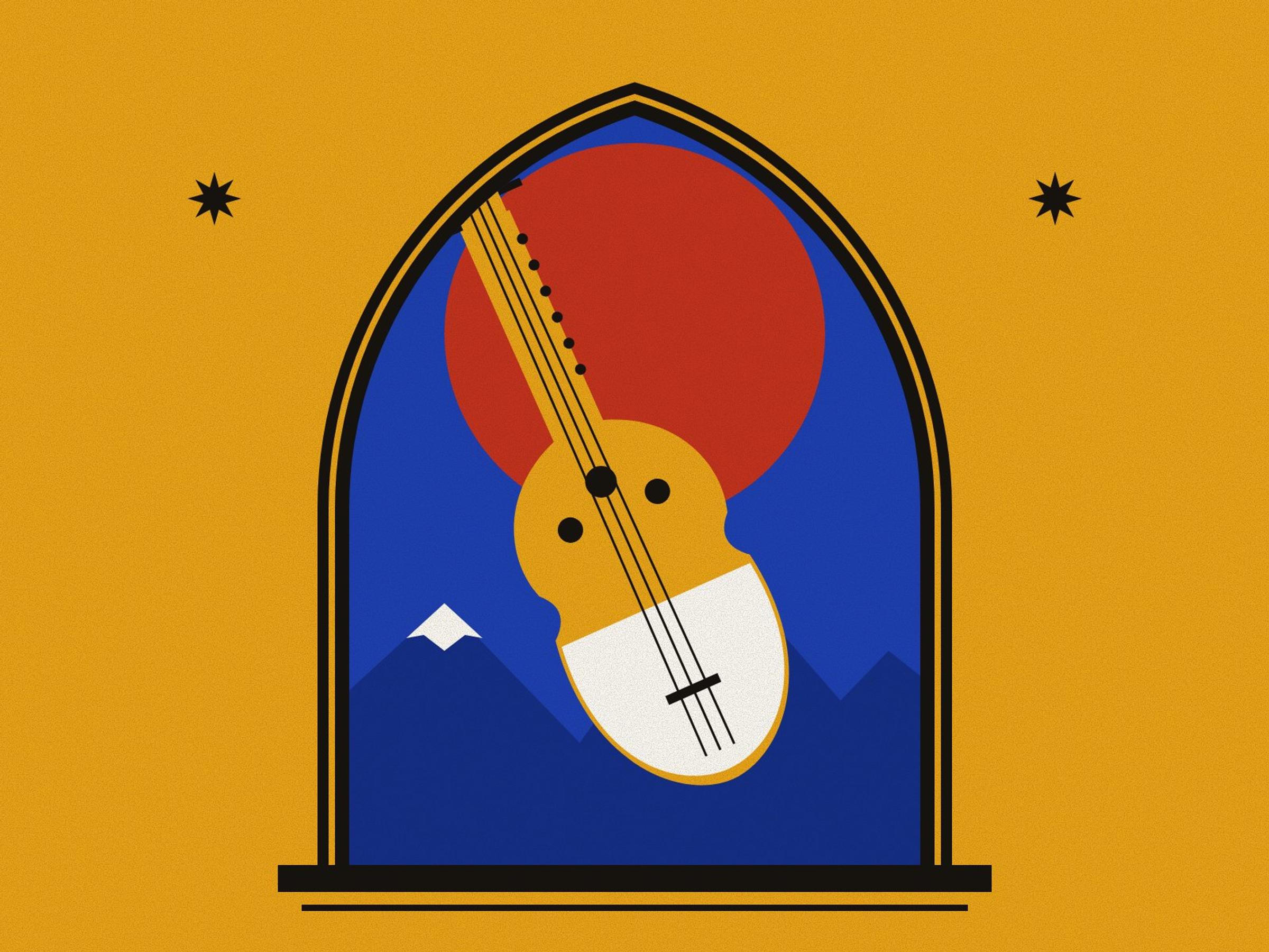 A saffron rubab with a white skin-covered body held at a slant before a red halo, dark mountains behind, inside a pointed arch