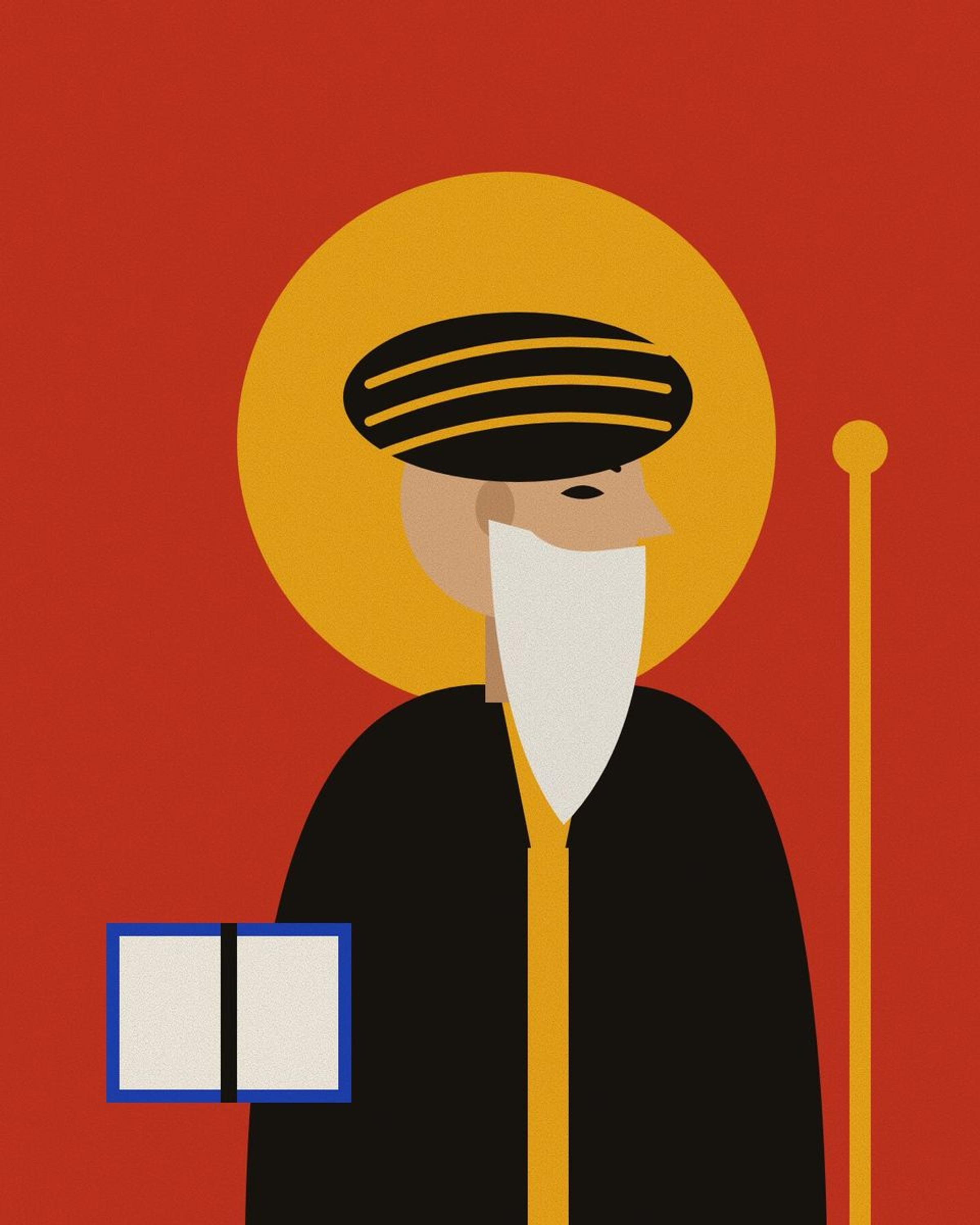 Stylised portrait of Naser Khosrow with a long white beard and a dark turban, against a saffron halo on pomegranate red, with a traveller's staff and a book.