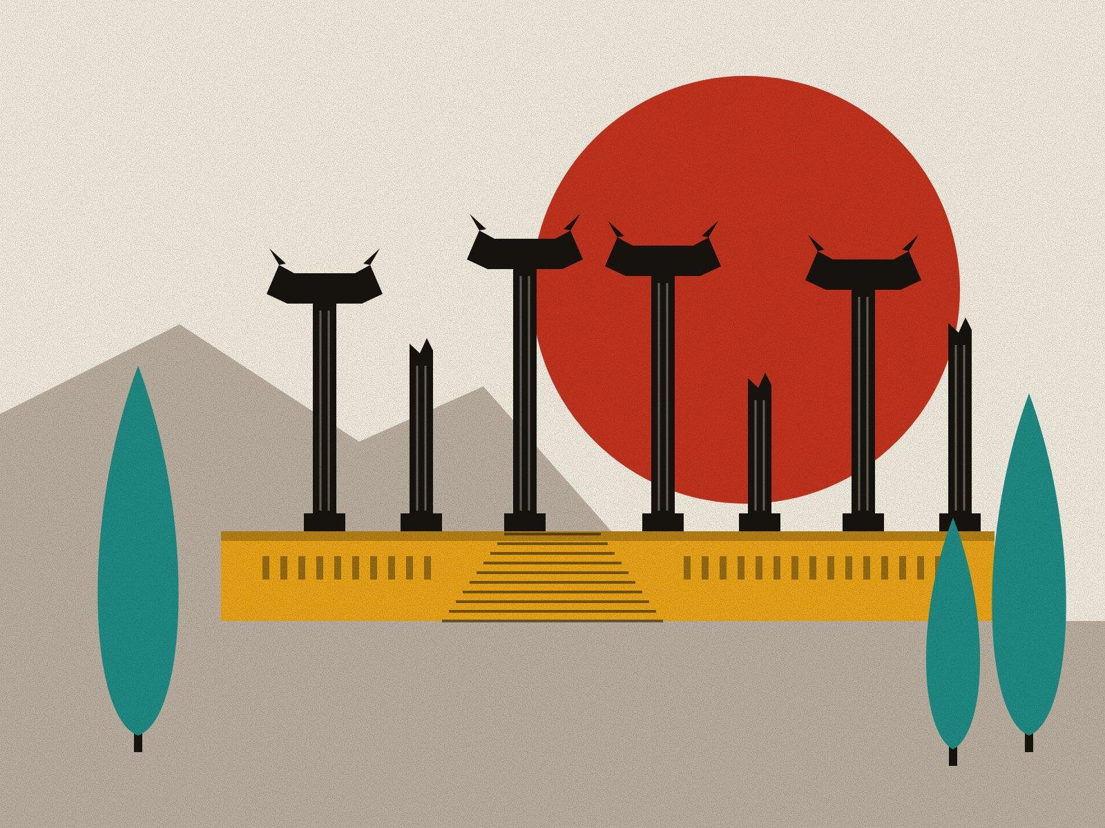 The columns of Persepolis, some crowned with double-bull capitals and some broken, on a saffron terrace with its stair, against a red sun on paper, between tall turquoise cypresses on the plain of Fars.