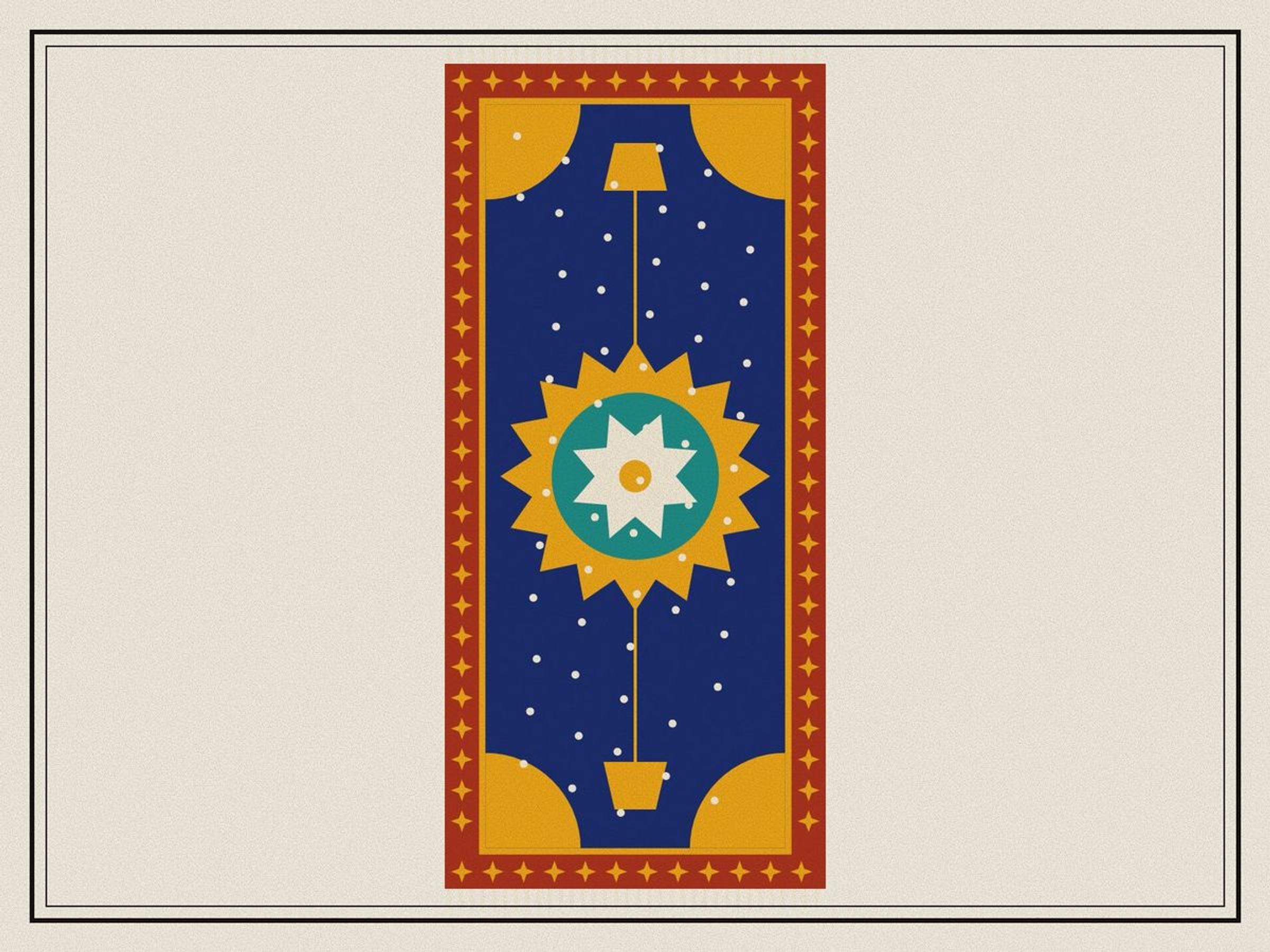 A long carpet seen from above: a deep indigo field scattered with tendrils, a great saffron and turquoise medallion at its centre with a mosque lamp hanging from each end, quarter medallions in the corners and a red border, inside a ruled frame.