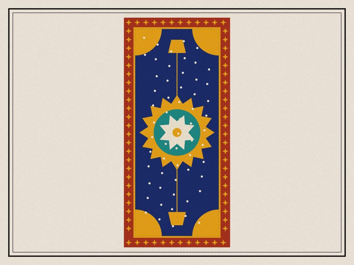 A long carpet seen from above: a deep indigo field scattered with tendrils, a great saffron and turquoise medallion at its centre with a mosque lamp hanging from each end, quarter medallions in the corners and a red border, inside a ruled frame.
