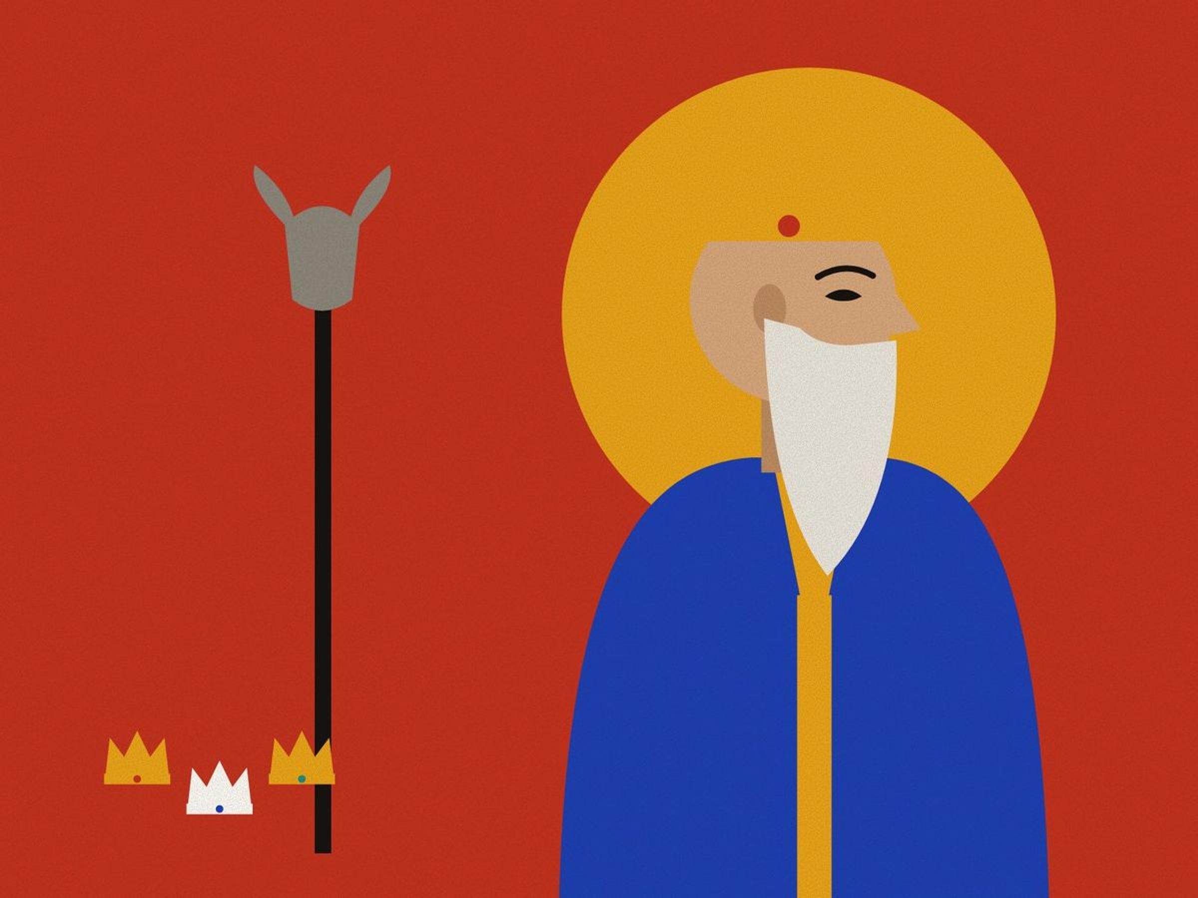 A geometric profile of Fereydun with a long white beard and a saffron crown, in lapis, against a saffron halo on pomegranate red, with his ox-headed mace and three small crowns for his sons.