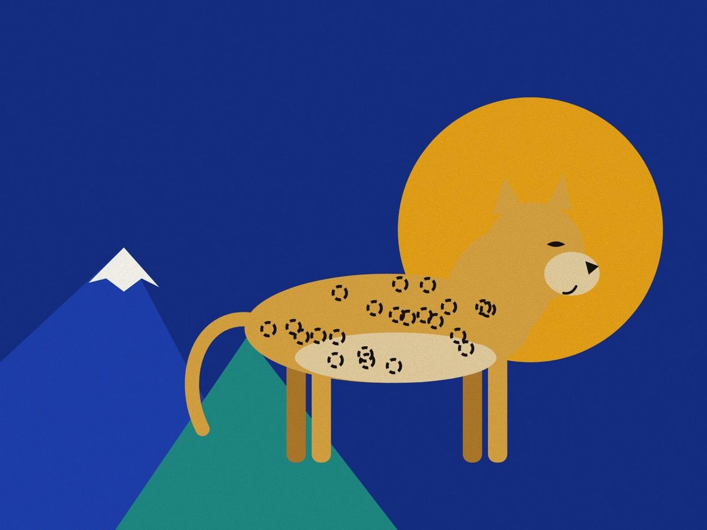 A geometric Persian leopard in profile, its coat marked with rosettes, against a saffron halo on deep lapis, before snow-capped mountains.