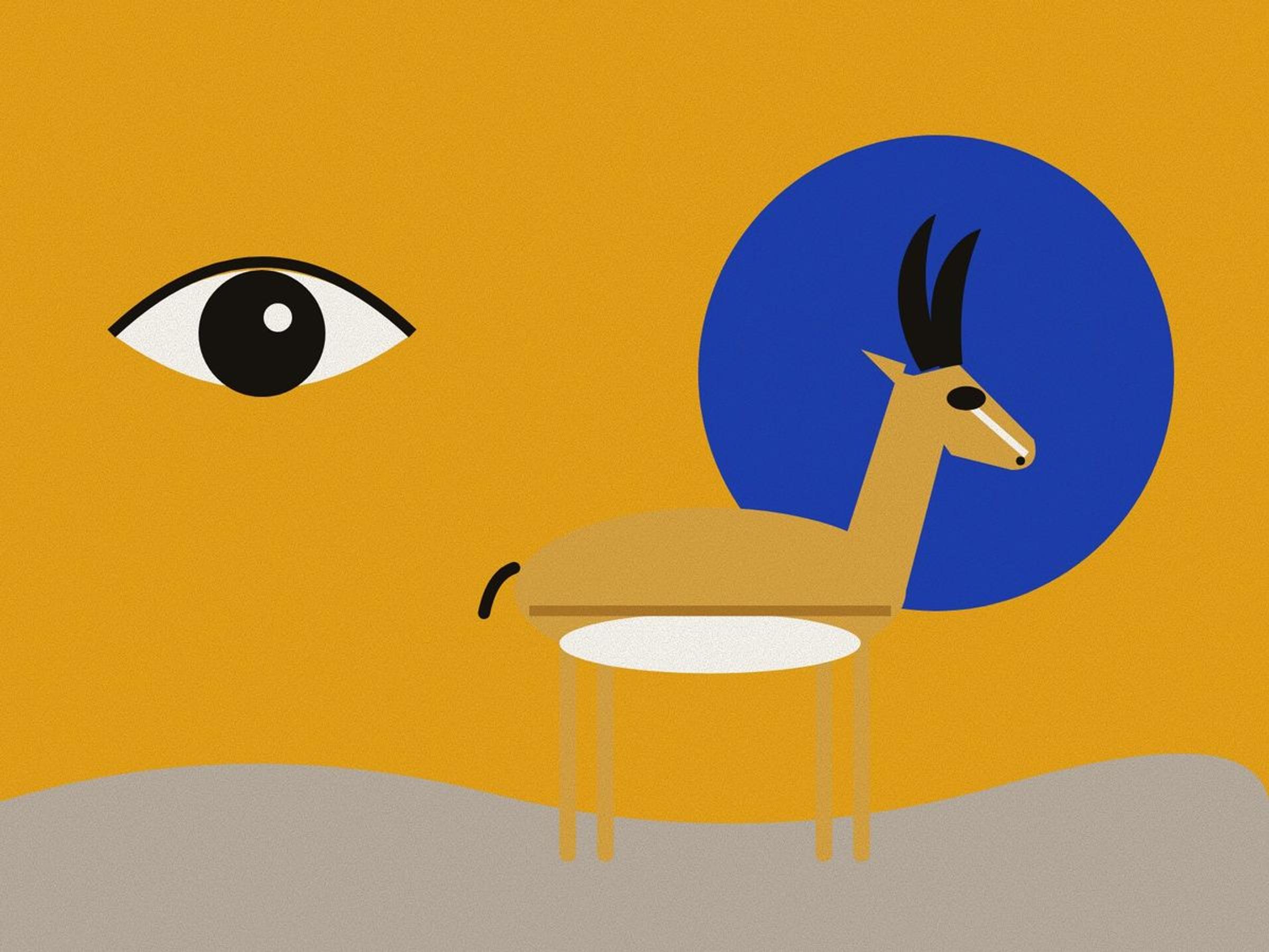 A geometric goitered gazelle in profile with lyre-shaped black horns and the pale face stripe, against a lapis halo on saffron, beside a large almond-shaped eye, the poets' image of the beloved's gaze.
