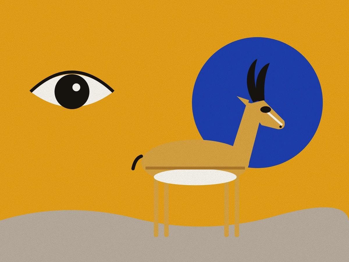 A geometric goitered gazelle in profile with lyre-shaped black horns and the pale face stripe, against a lapis halo on saffron, beside a large almond-shaped eye, the poets' image of the beloved's gaze.