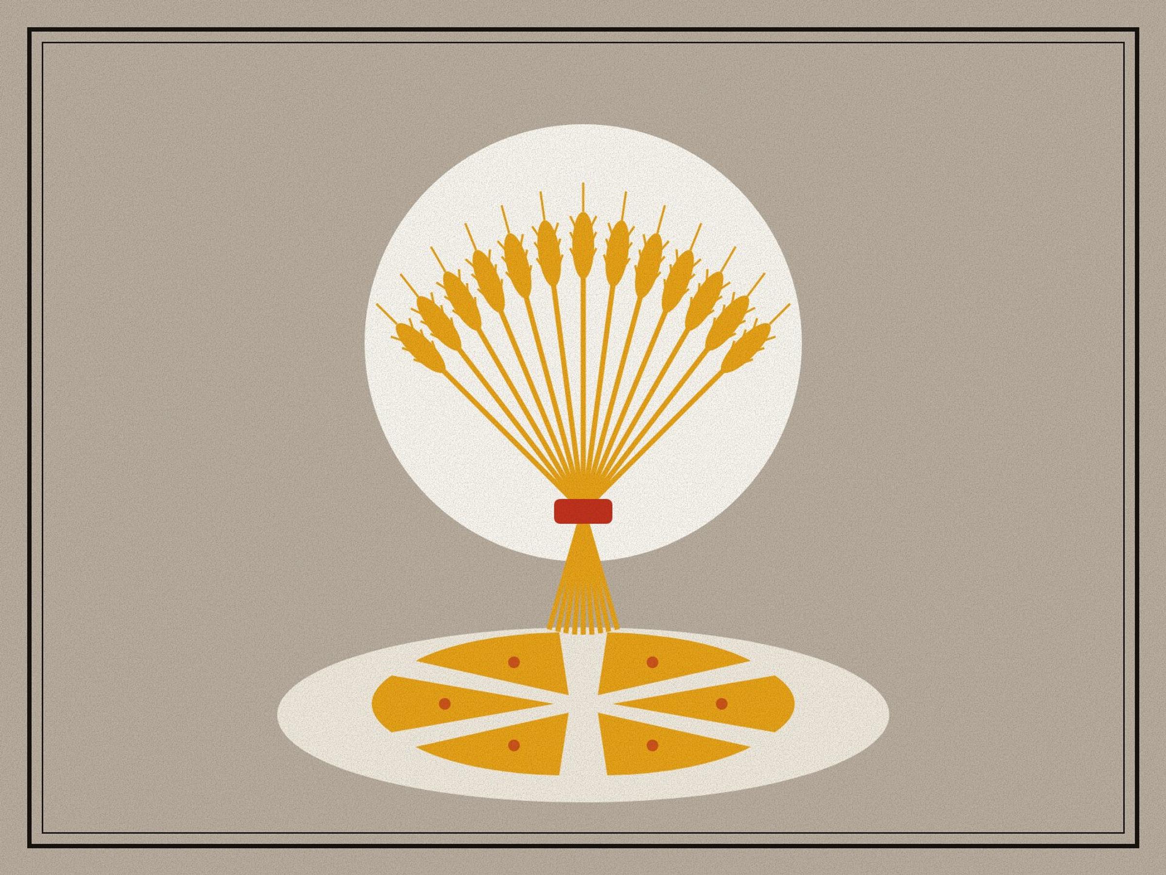 A sheaf of wheat tied with a red band above a round loaf broken into equal pieces on a pale cloth, against a white halo on clay