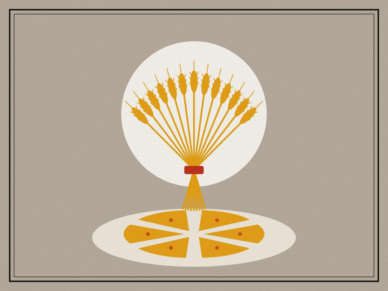 A sheaf of wheat tied with a red band above a round loaf broken into equal pieces on a pale cloth, against a white halo on clay