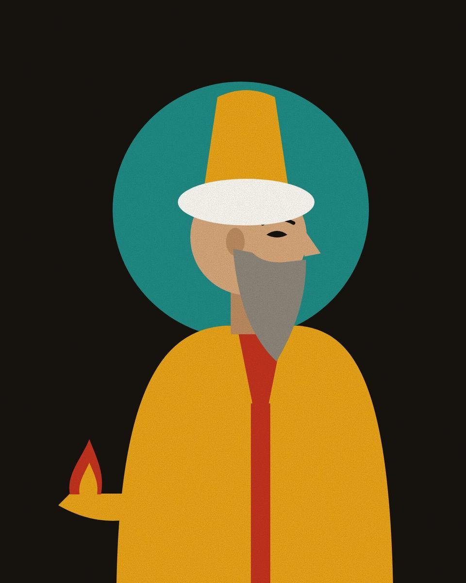 Stylised portrait of Bidel with a grey pointed beard and a tall saffron cap, against a turquoise halo on black, with a lit oil lamp.