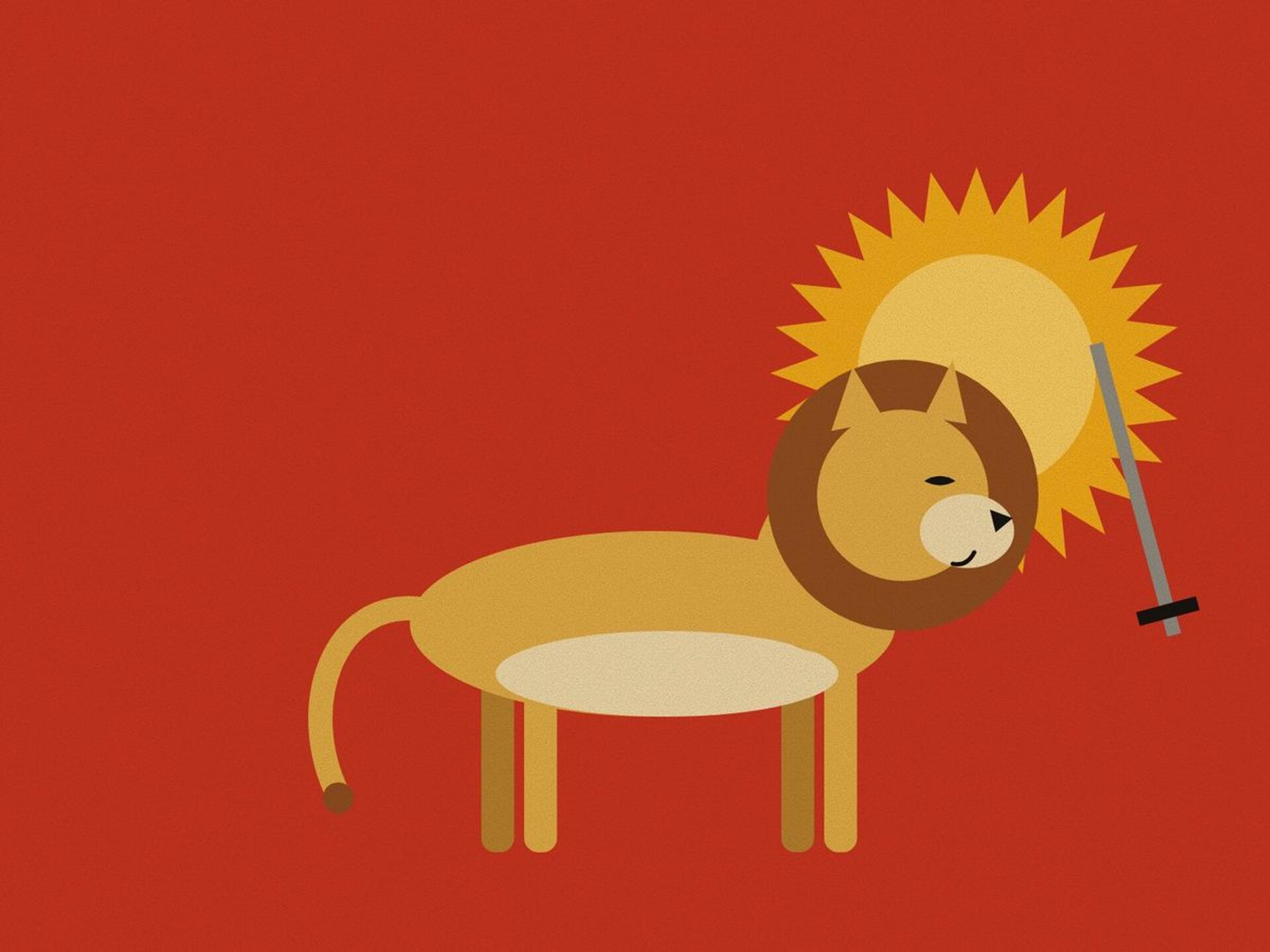 A geometric Asiatic lion in profile with a dark mane, standing before a rising saffron sun with a raised sword, after the Lion and Sun emblem, on pomegranate red.