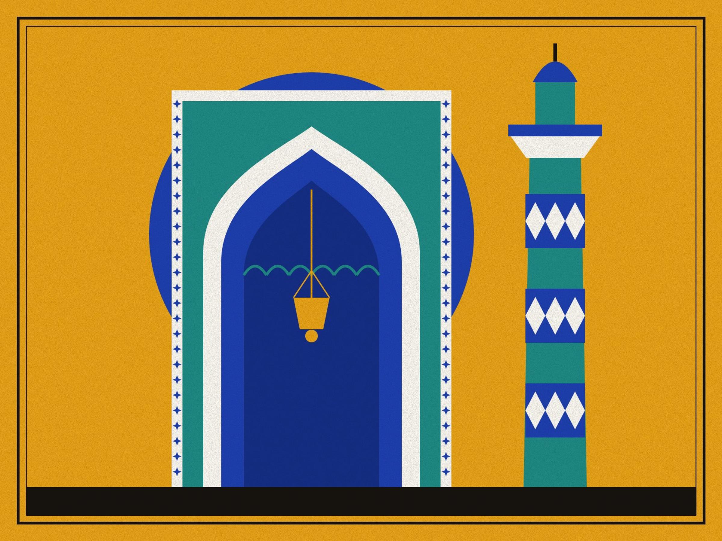 A mihrab of nested white, turquoise and lapis pointed arches with a hanging lamp, beside a slender minaret banded with lozenge tiles, on saffron