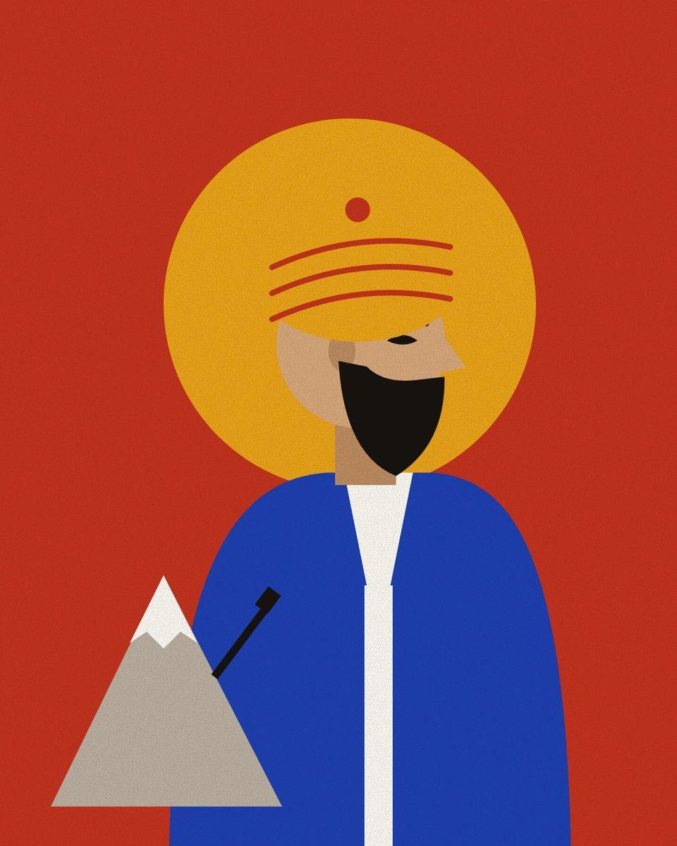 Stylised portrait of Vahshi with a short dark beard and a saffron turban, against a saffron halo on pomegranate red, with Farhad's mountain and chisel.