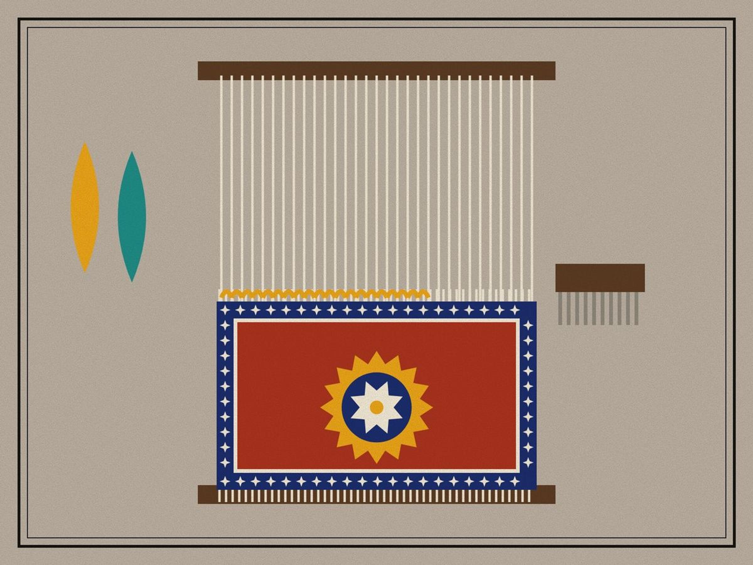 A loom seen from the front: ivory warps strung between two wooden beams, the lower part already knotted into a red rug with a half medallion, a row of saffron knots being tied, a metal-toothed beater comb and two skeins of wool, inside a ruled frame.