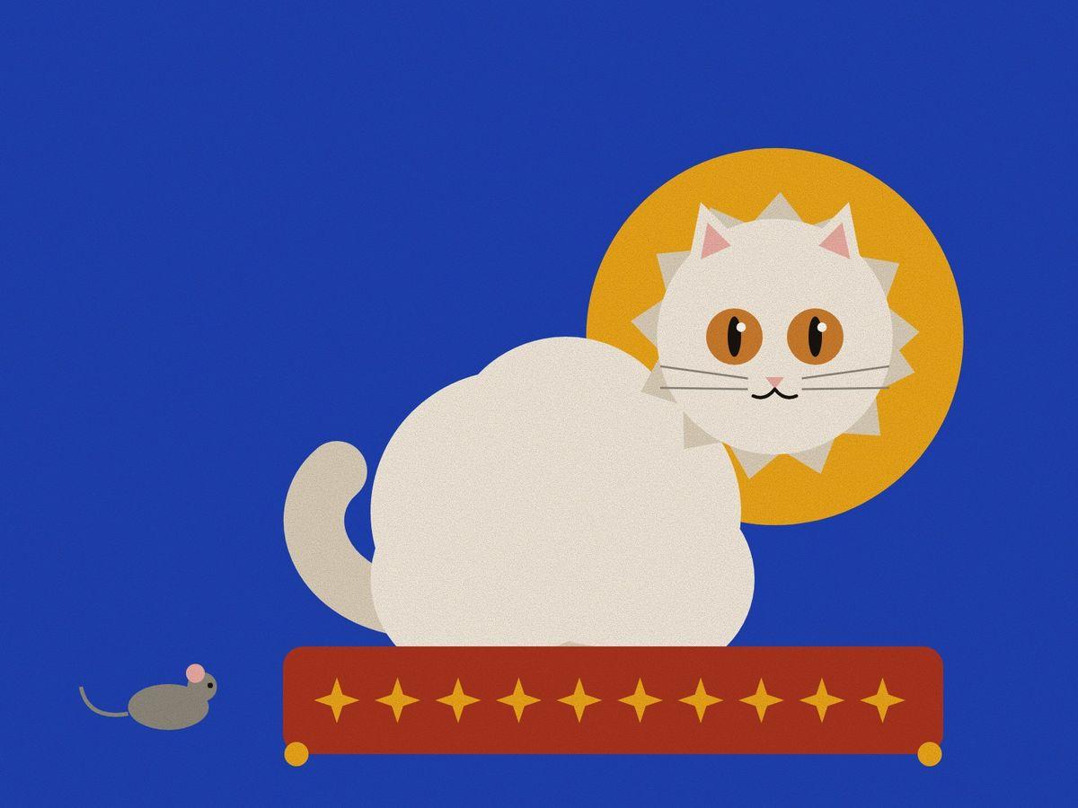 A geometric Persian cat, round and long-coated in cream, with a flat face, small ears and large copper eyes, sitting on a red cushion patterned with saffron stars, against a saffron halo on lapis, with a small grey mouse for the poem of the Mouse and the Cat.