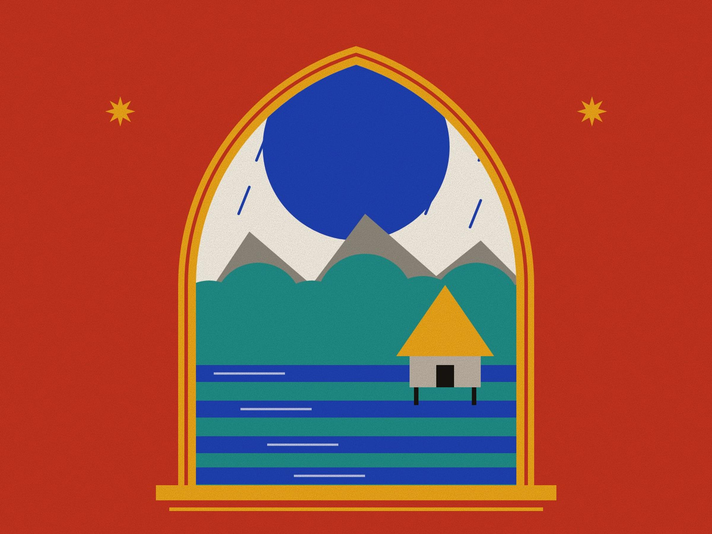 Rain over grey mountains, turquoise forest, flooded rice paddies and a house with a steep saffron straw roof, inside a pointed arch