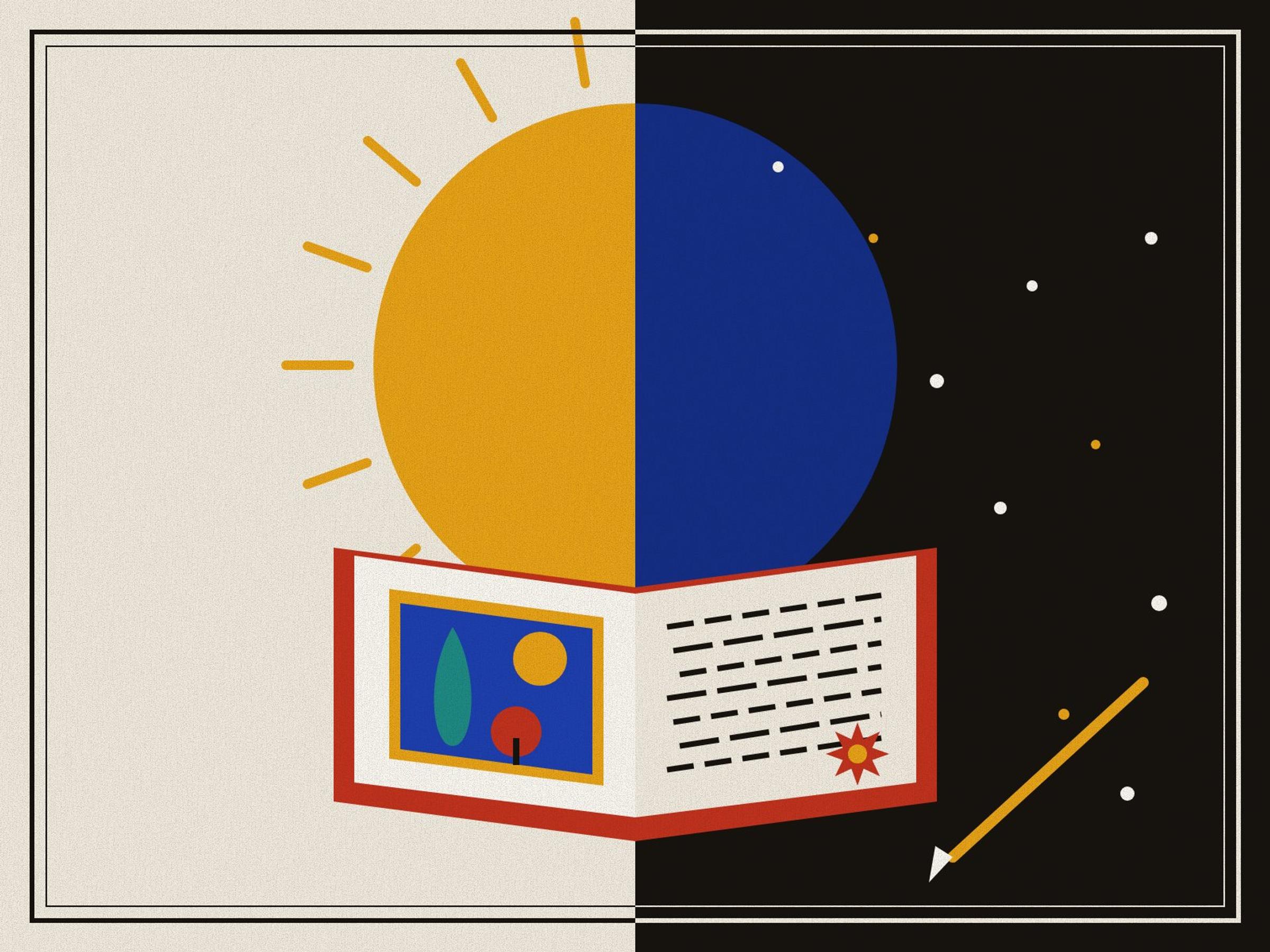 A picture split into light and dark, with a half-saffron, half-blue sun, an open book with a painted page, a brush and sparks of light rising from the dark