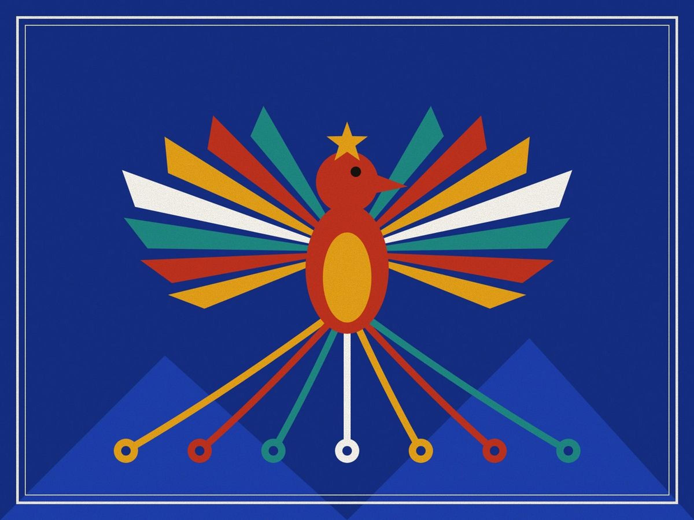 The Simorgh with wings of saffron, red and turquoise spread wide above the peaks of Alborz, its long tail feathers fanning below, against a saffron sun on deep lapis, inside a ruled frame.