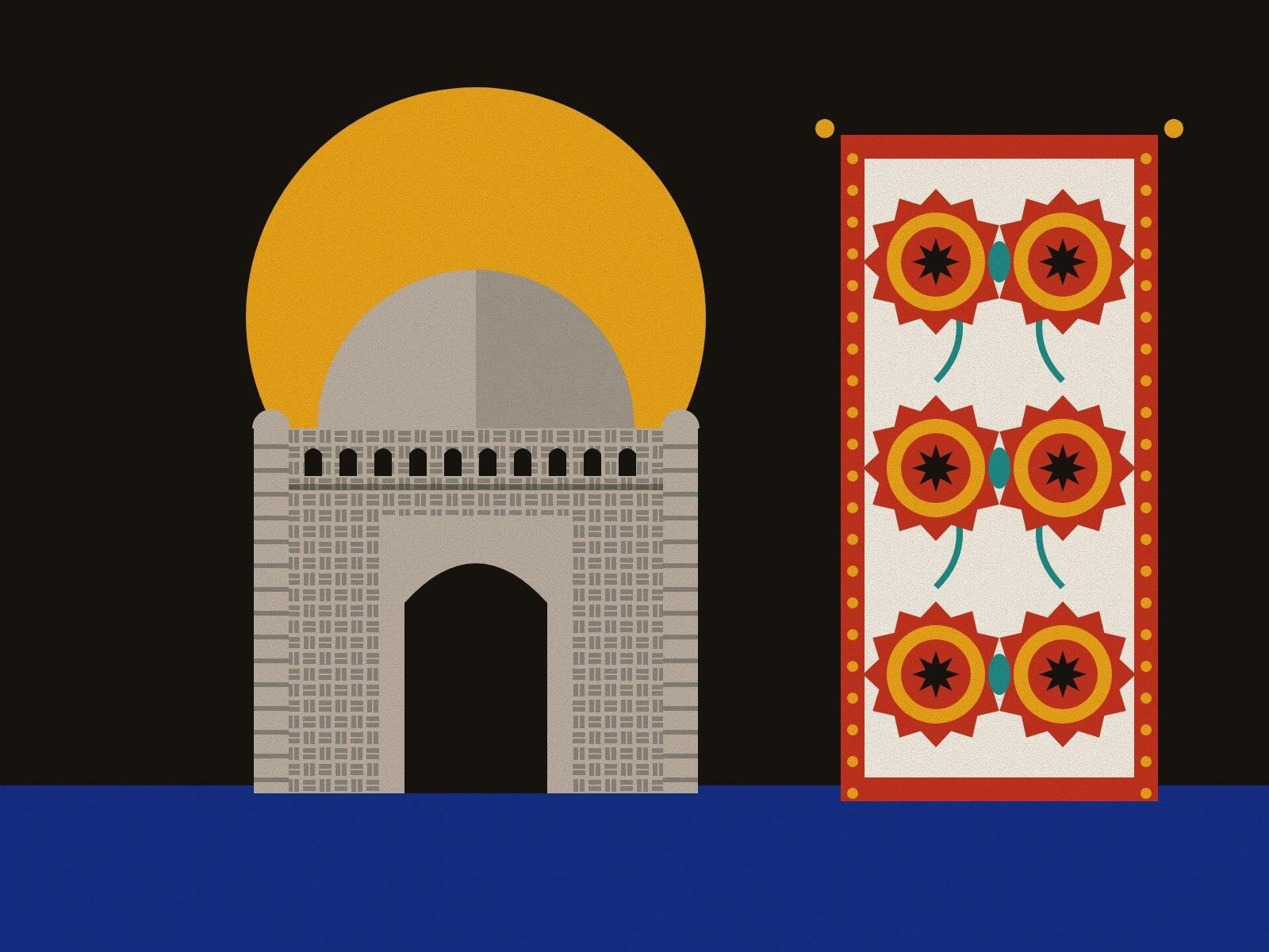 The Samanid mausoleum of Bukhara, a domed cube of basket-weave brick with a small dome at each corner and an arcade under the cornice, against a saffron halo on black, beside a suzani hanging of red and saffron rosettes on cream.