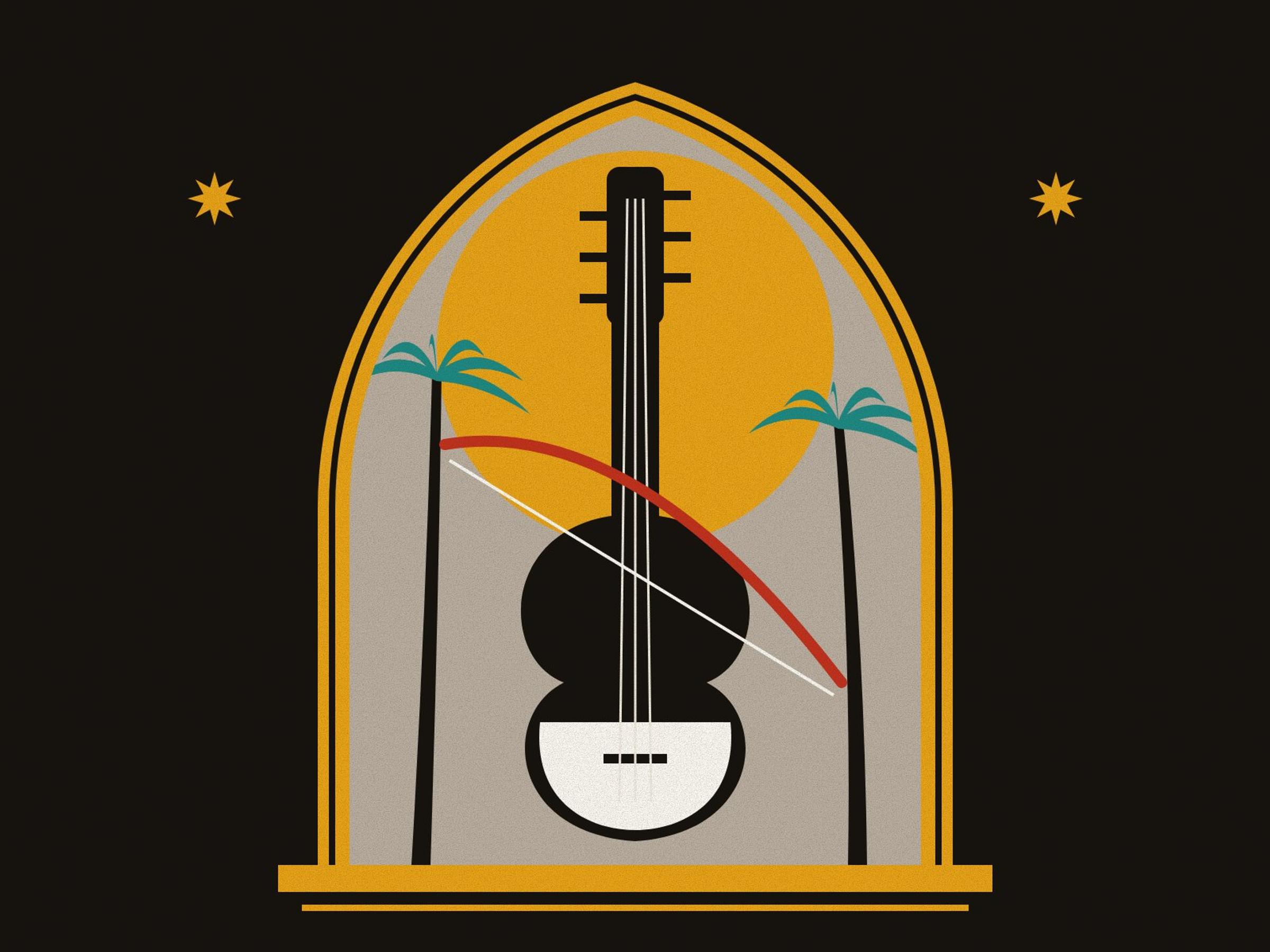An upright black sorud fiddle with a red bow across it before a saffron halo, between two date palms, inside a pointed arch