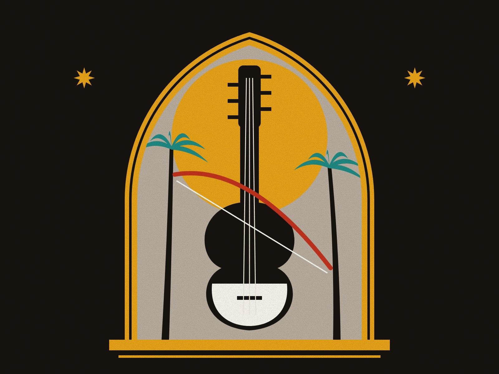 An upright black sorud fiddle with a red bow across it before a saffron halo, between two date palms, inside a pointed arch