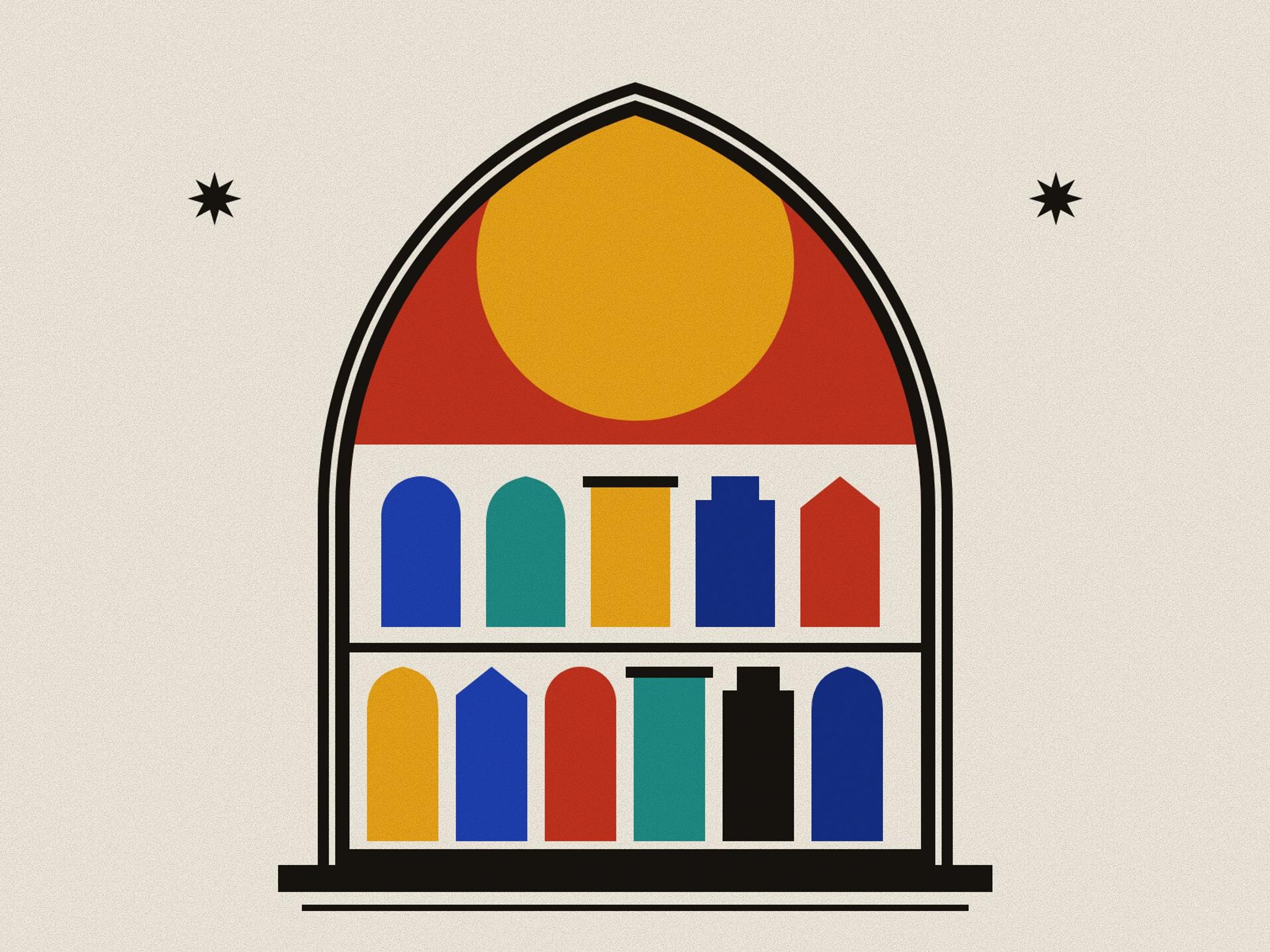 A pale facade of many small doors, round, pointed, gabled, stepped and square, each a different colour, inside a pointed arch