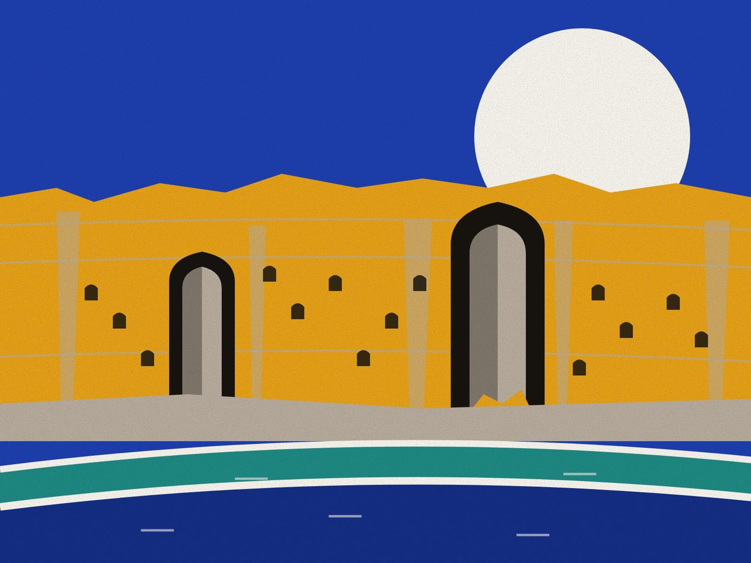 The sandstone cliff of Bamiyan with its two great empty niches and rows of small caves, above the turquoise and deep blue lakes of Band-e Amir held back by white travertine dams, under a white sun on lapis.