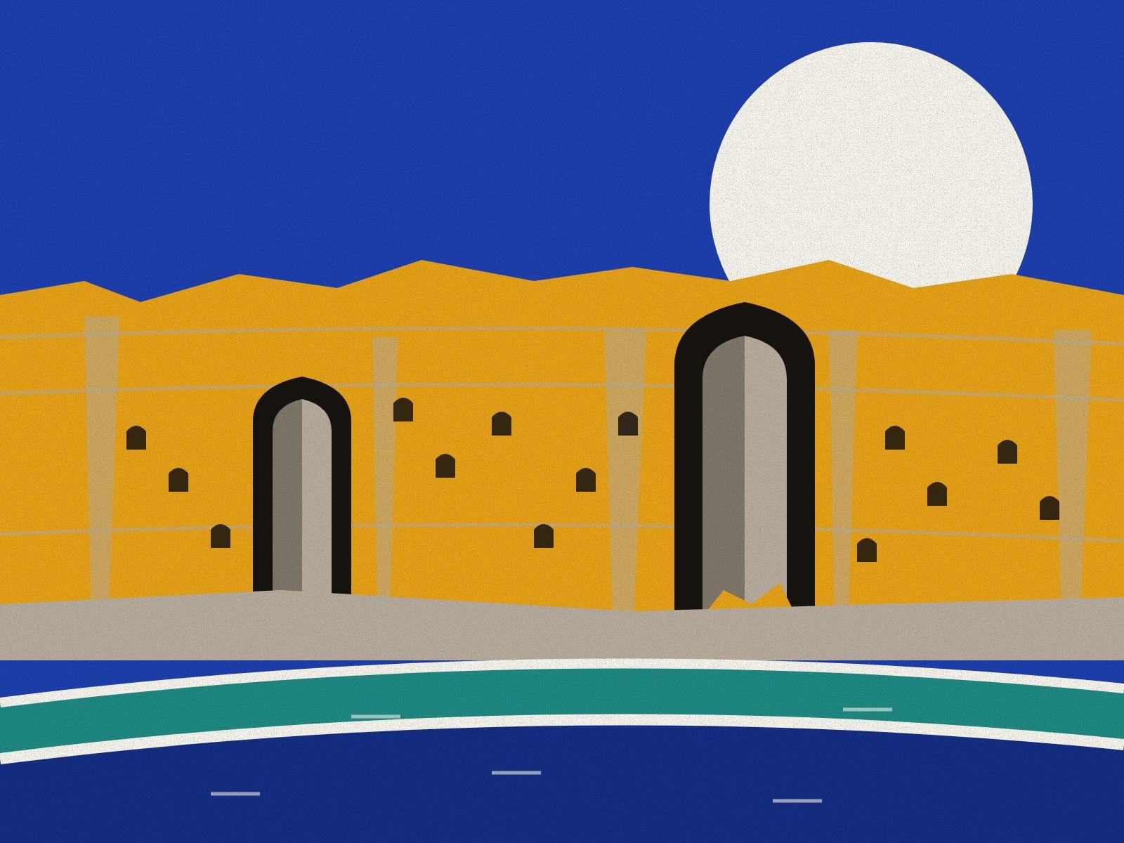 The sandstone cliff of Bamiyan with its two great empty niches and rows of small caves, above the turquoise and deep blue lakes of Band-e Amir held back by white travertine dams, under a white sun on lapis.