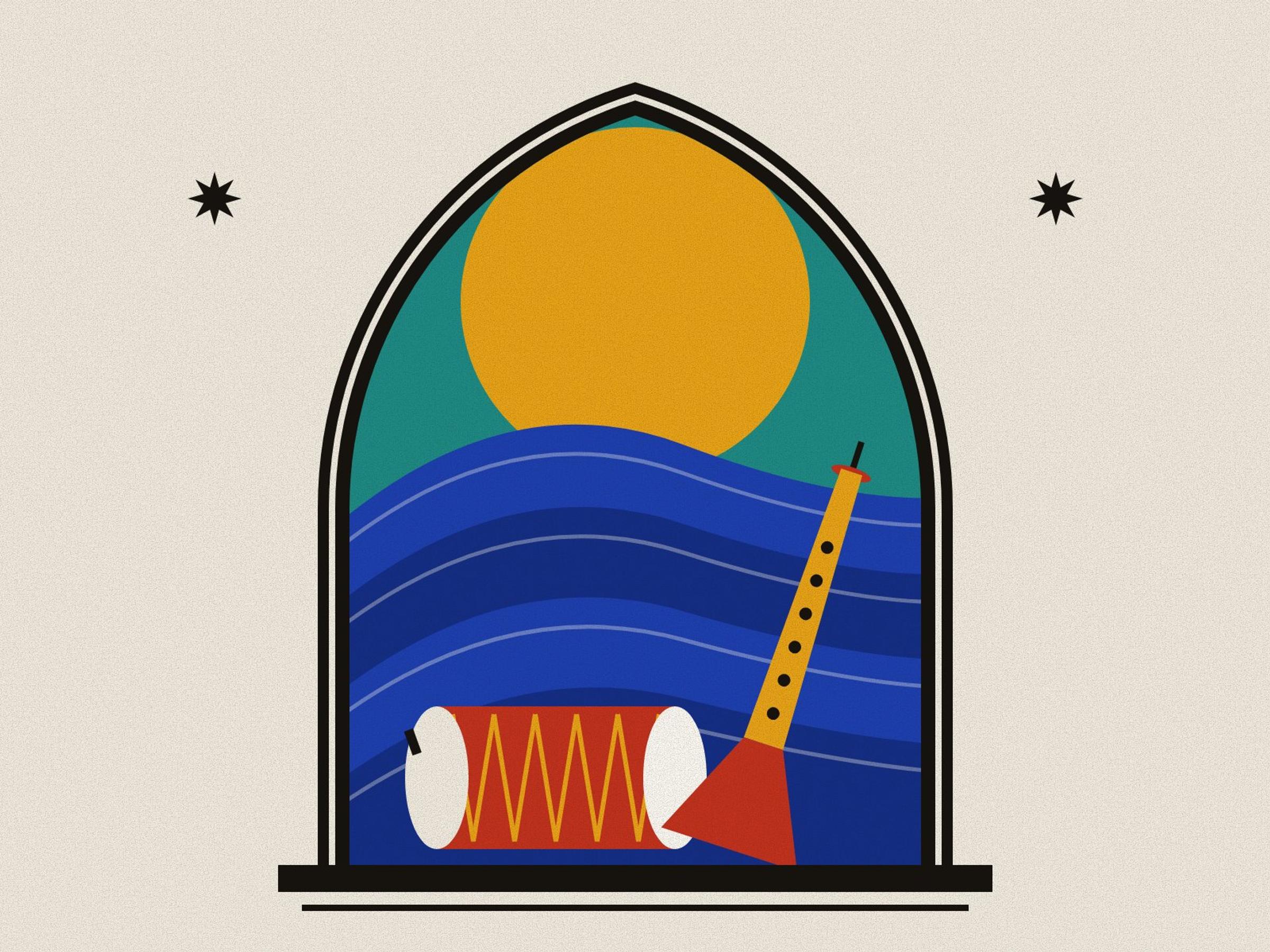 The folded blue ridges of the Zagros under a saffron halo, with a red laced dohol drum and a sorna shawm in front, inside a pointed arch