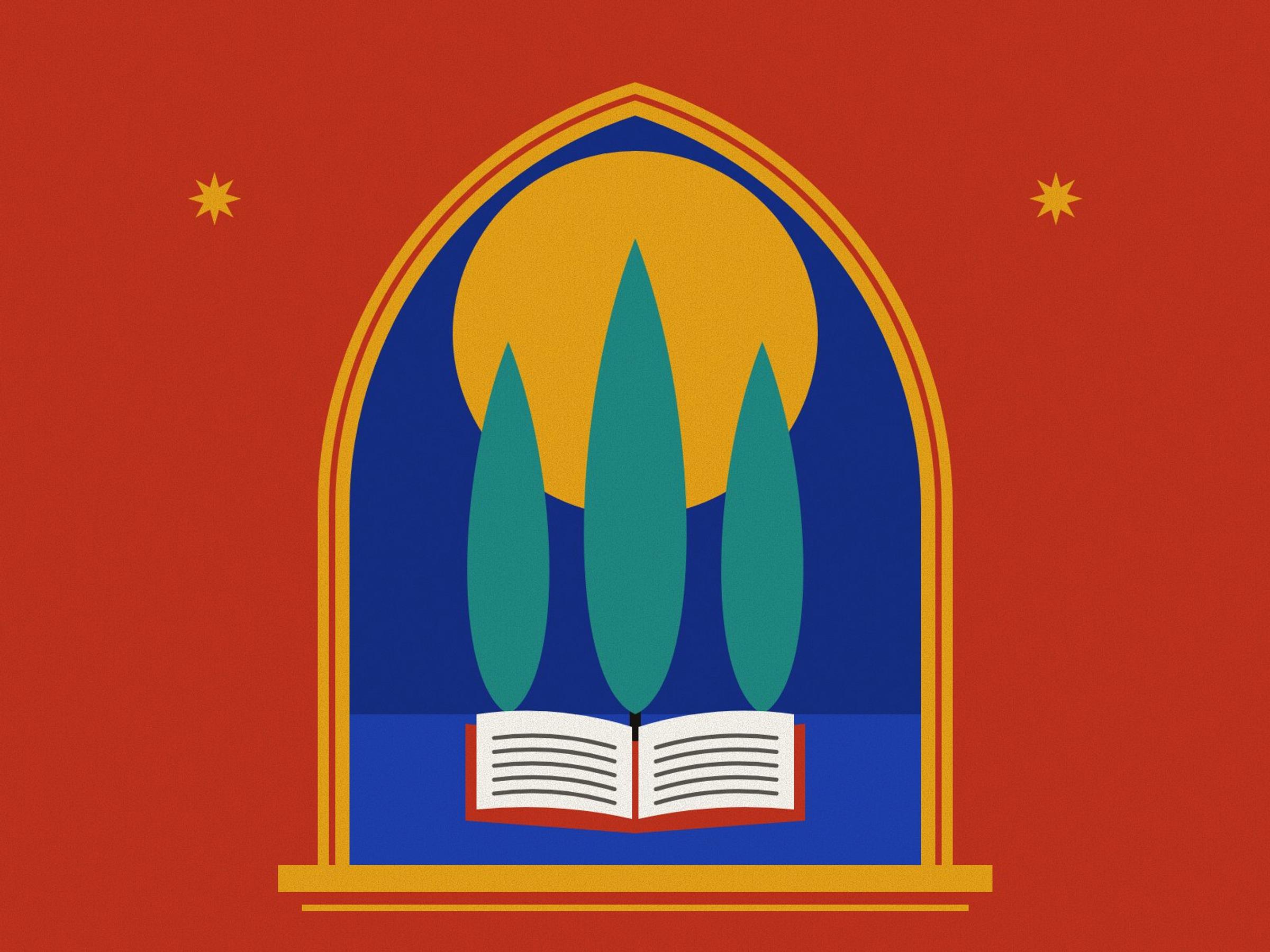 Three turquoise cypresses of different heights before a saffron halo inside a pointed arch, above an open book with plain ruled pages