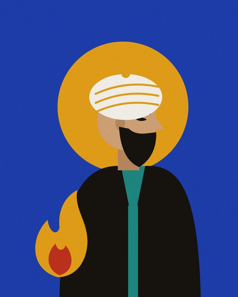 Stylised portrait of Iraqi with a short dark beard and a white turban, against a saffron halo on lapis, with a flame for his Divine Flashes.