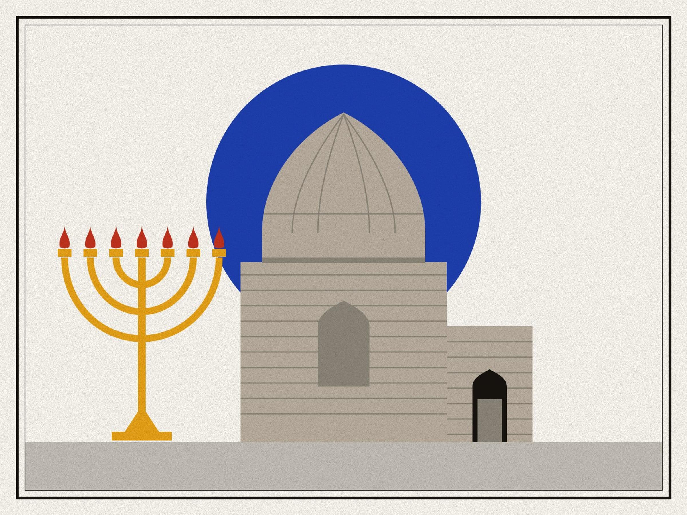 The domed brick tomb of Esther and Mordecai with its low stone door against a lapis halo, beside a saffron seven-branched menorah