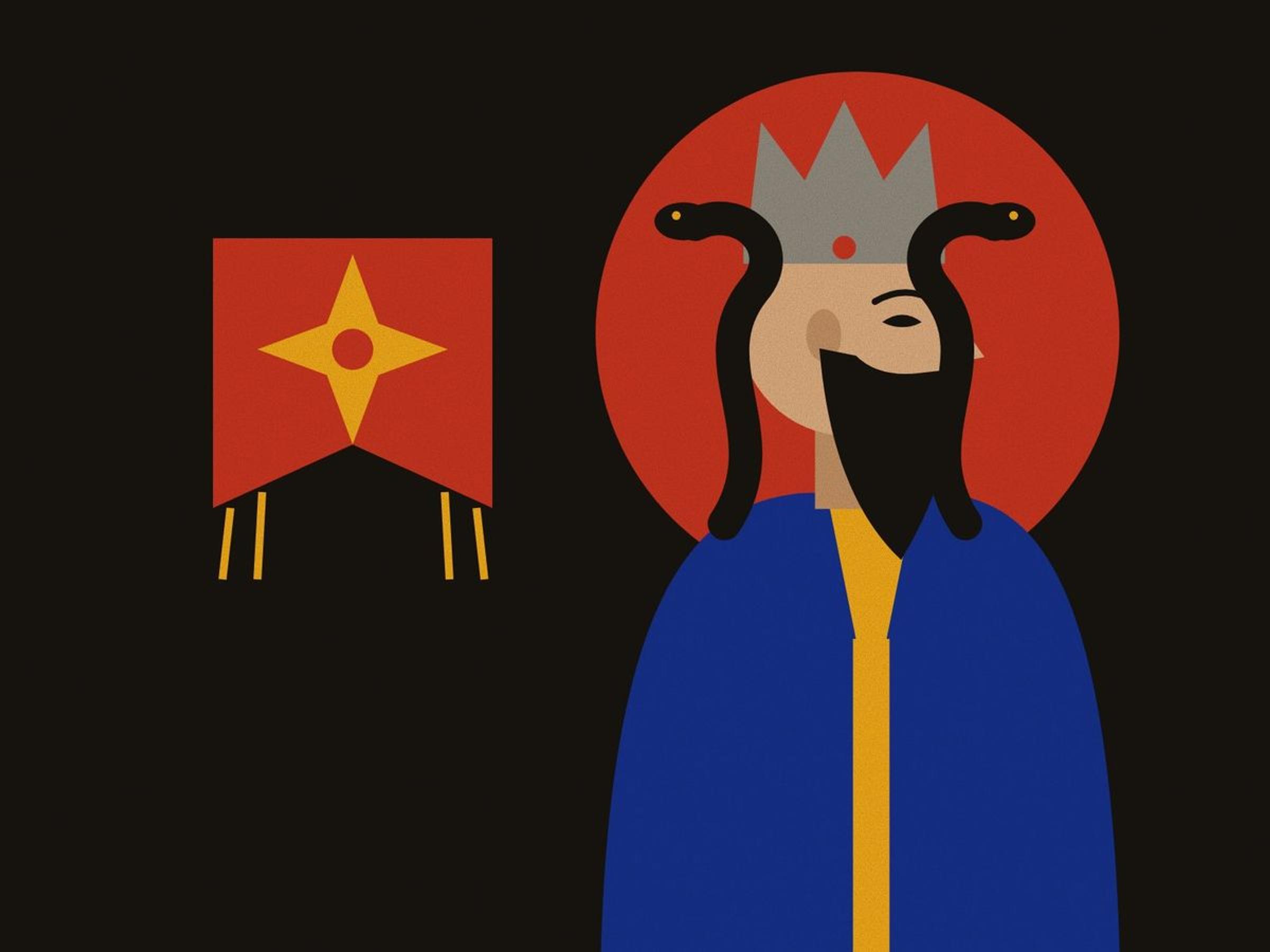A geometric profile of the tyrant Zahhak with a serpent rising from each shoulder and a grey crown, against a red halo on black, with the blacksmith Kaveh's apron raised as a banner.