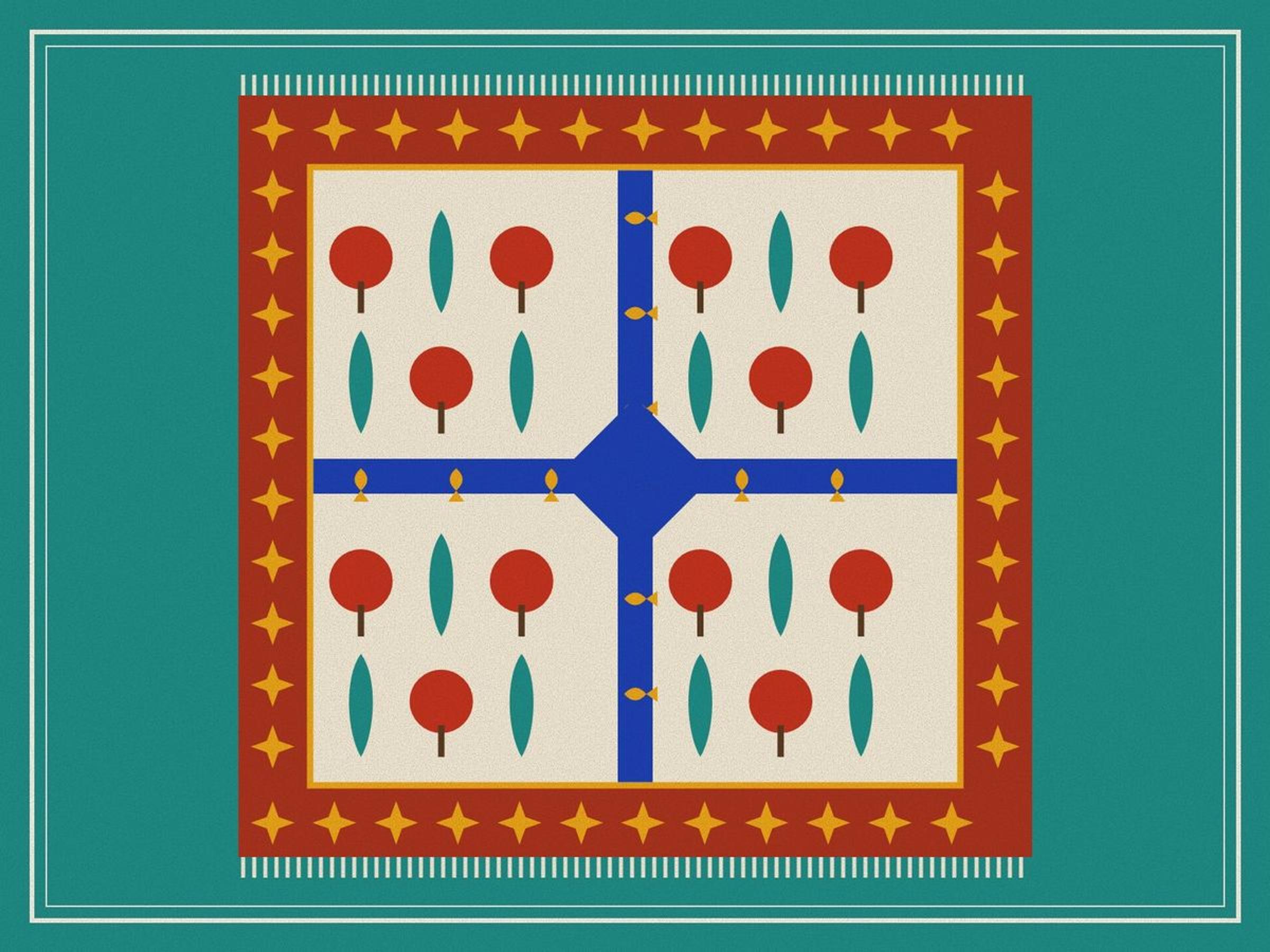 A garden carpet seen from above: blue water channels crossing at a central pool and dividing the ivory field into four, fish swimming in the channels, rows of cypresses and red flowering trees in each quarter, within a red border, inside a ruled frame.