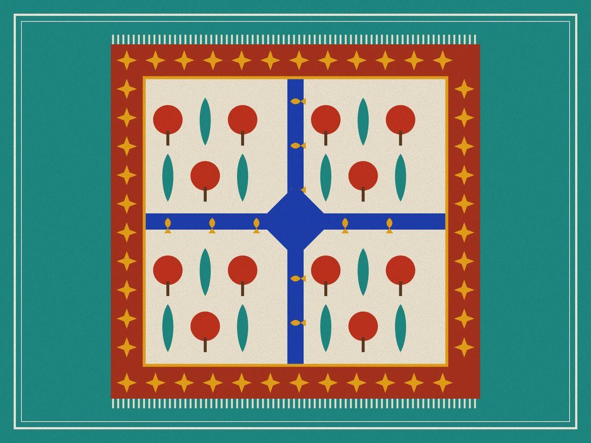 A garden carpet seen from above: blue water channels crossing at a central pool and dividing the ivory field into four, fish swimming in the channels, rows of cypresses and red flowering trees in each quarter, within a red border, inside a ruled frame.