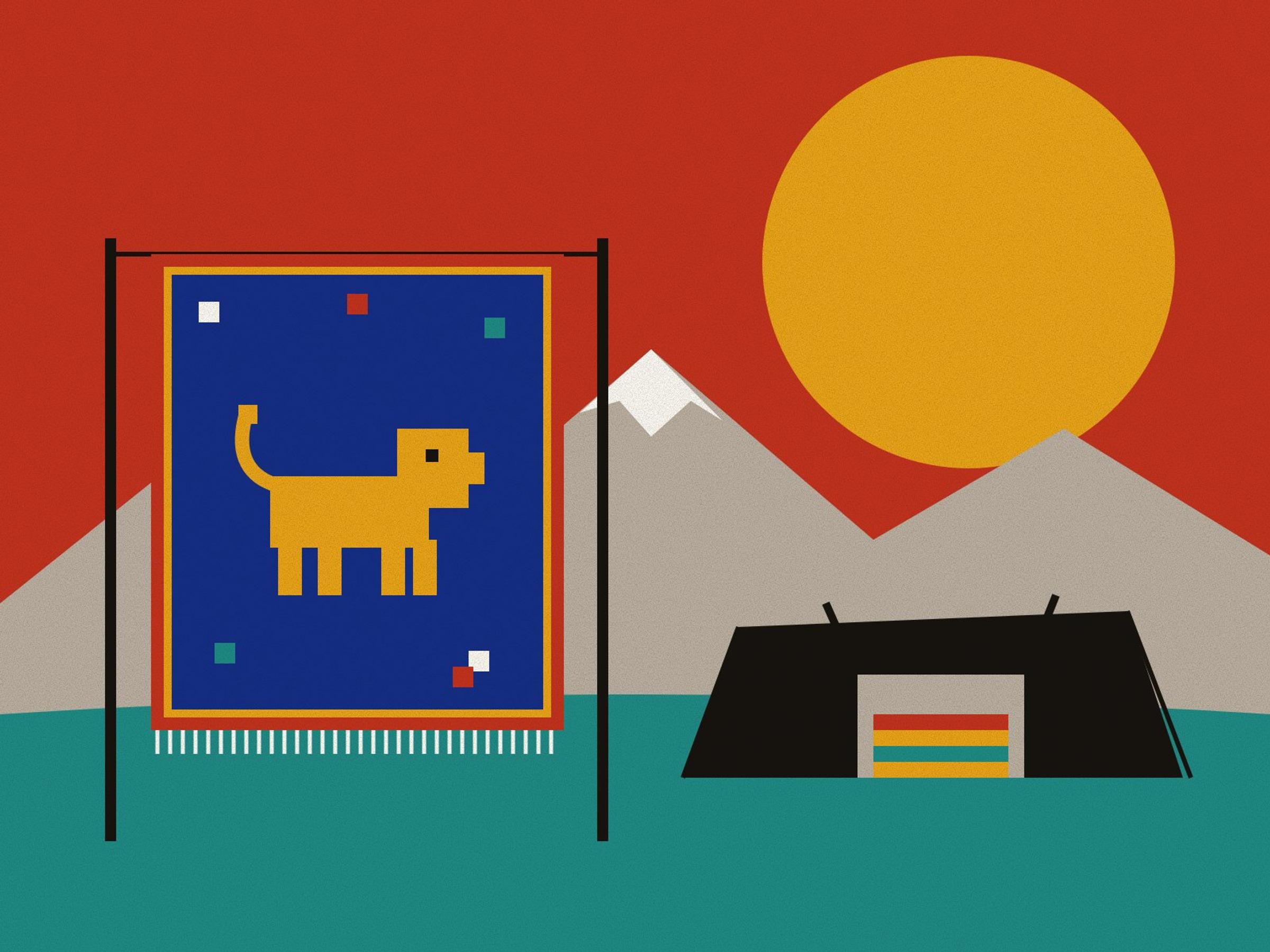 A gabbeh rug with a bold saffron lion on a deep blue field hung on a line to air, beside a black goat-hair tent with striped bedding inside, below the snow-tipped Dena range, under a saffron sun on red.