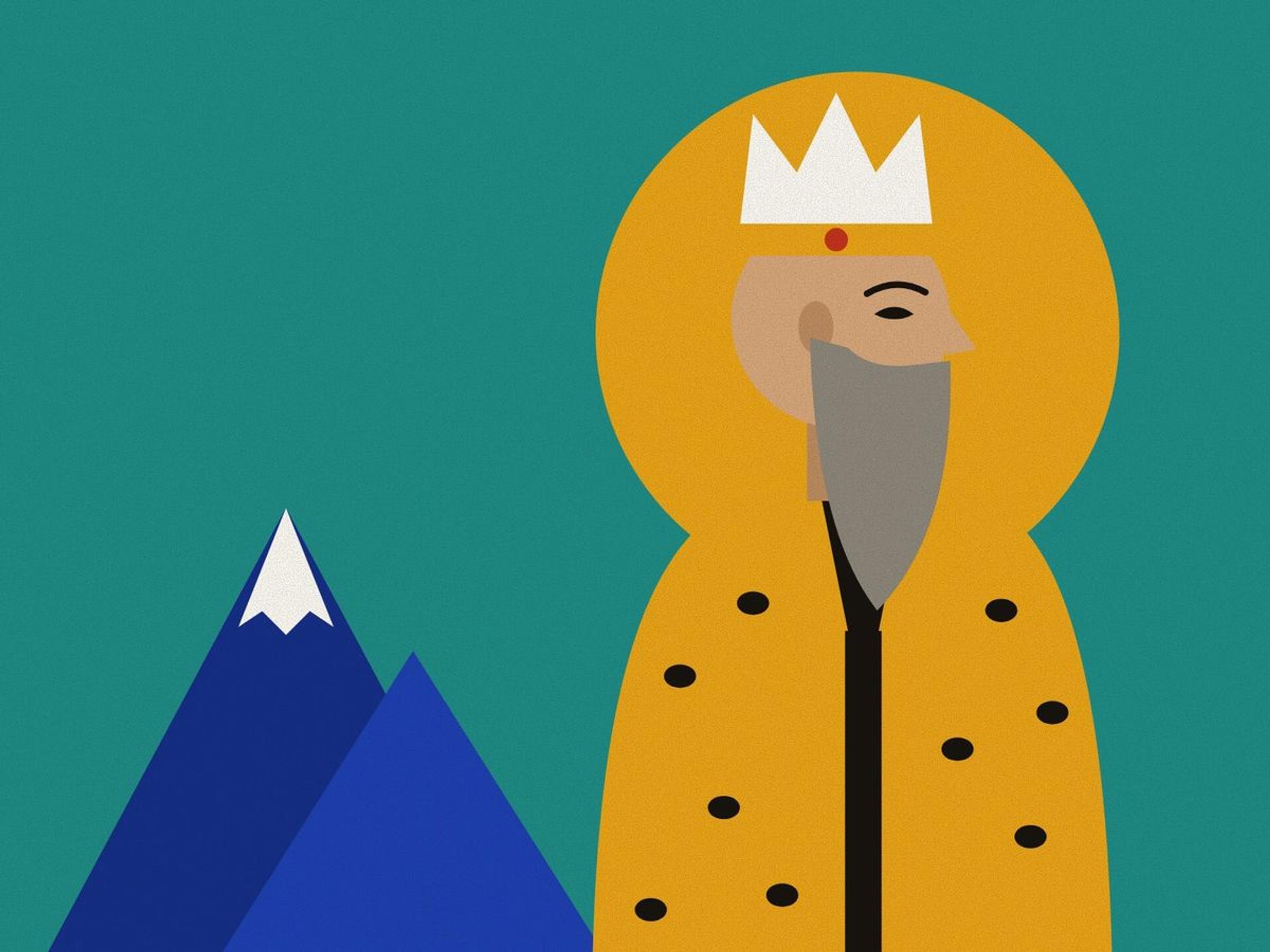 A geometric profile of Kayumars, the first king of the Shahnameh, with a long grey beard and a simple crown, wearing a leopard skin, against a saffron halo on turquoise, with mountains behind.