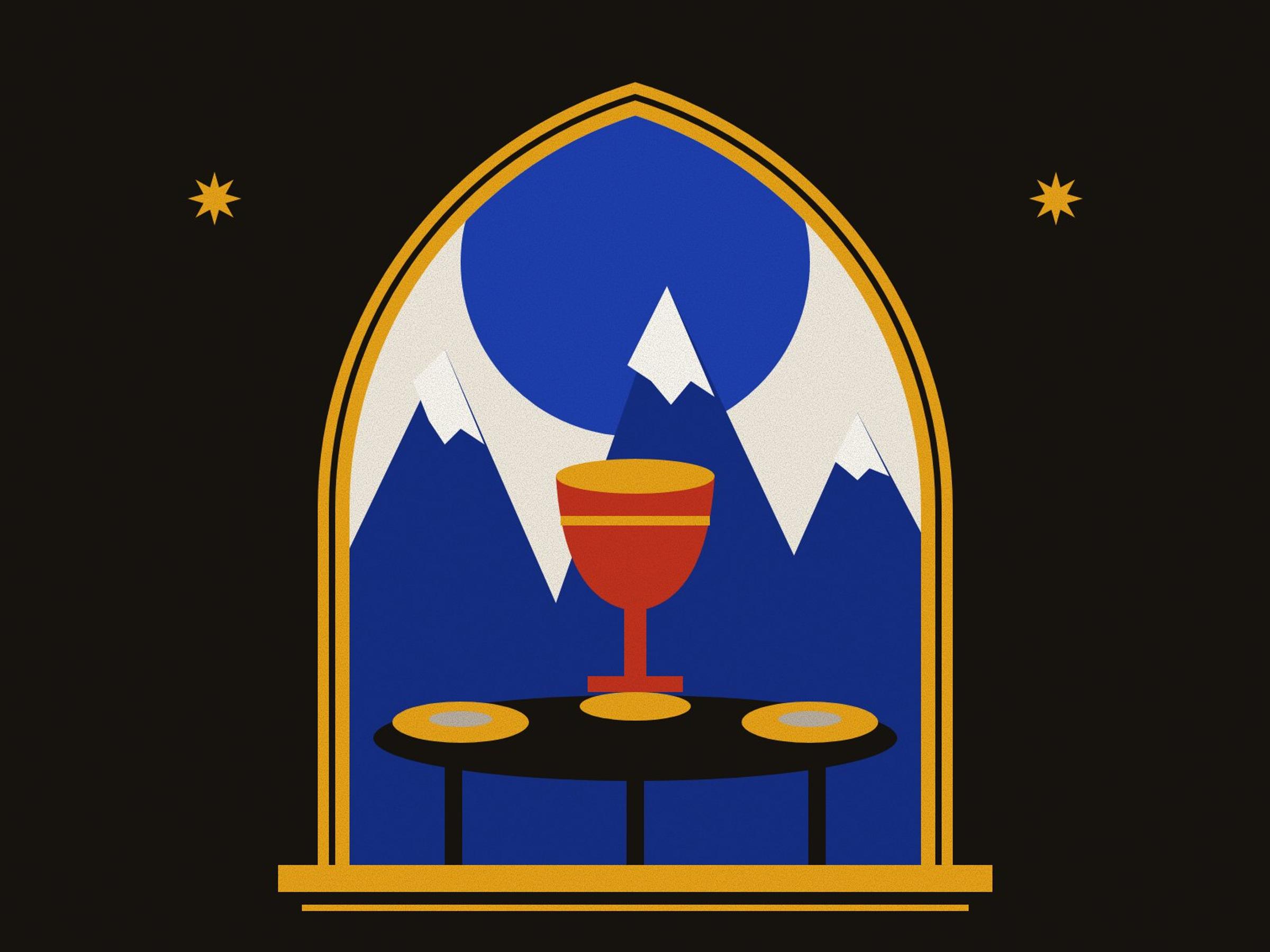 Snow-capped Caucasus peaks under a blue halo, with a red cup between golden pies on a round three-legged table, inside a pointed arch