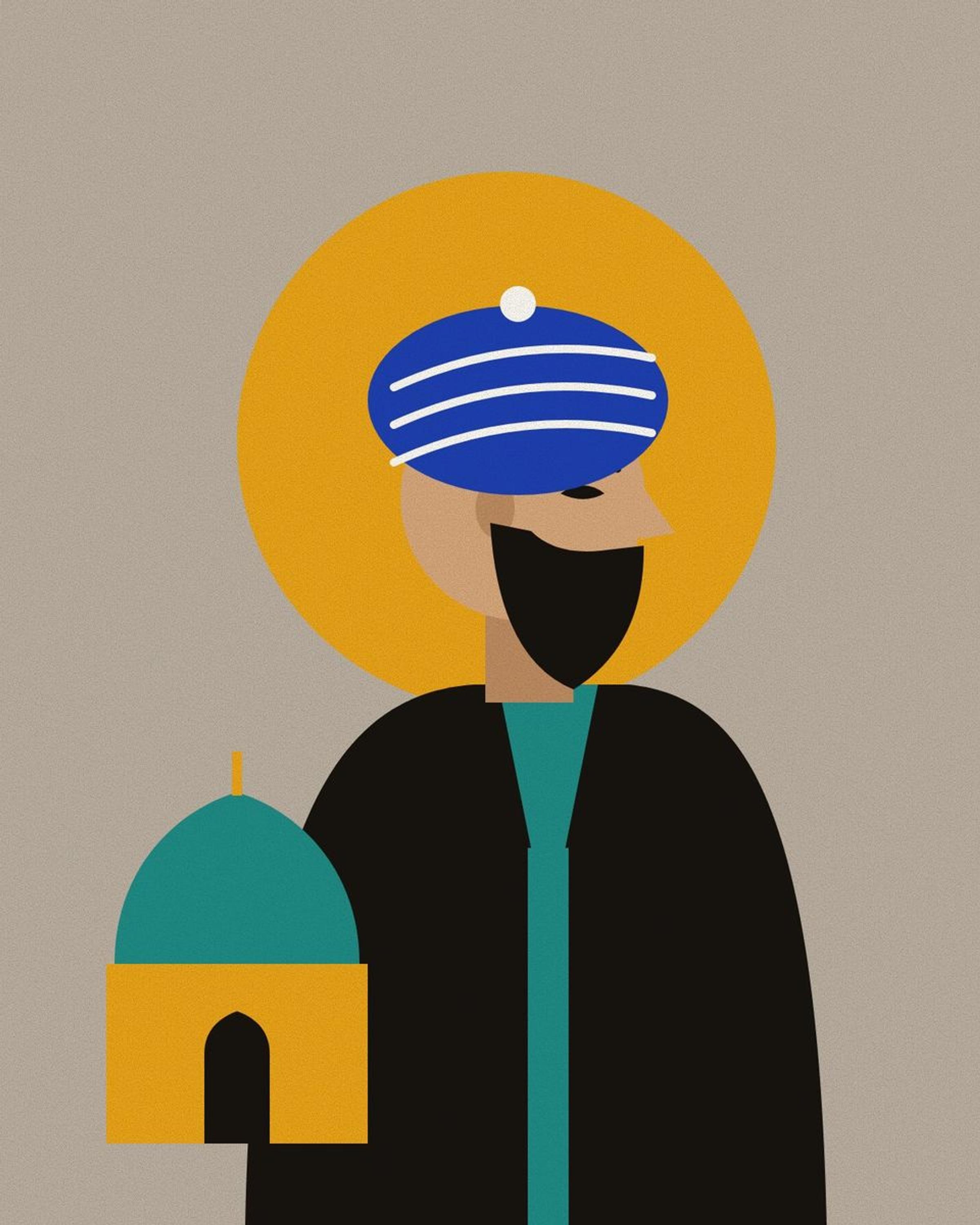 Stylised portrait of Saeb with a short dark beard and a lapis turban, against a saffron halo on clay, with a turquoise dome of Isfahan.