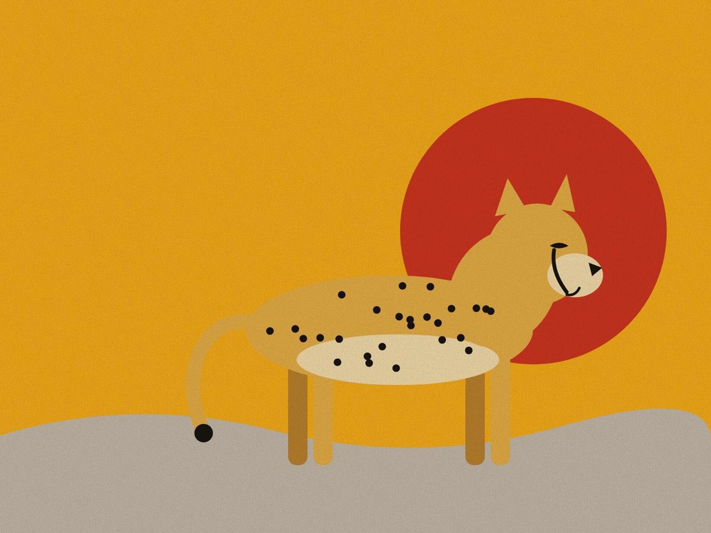 A geometric Asiatic cheetah in profile, slender and spotted, with the black tear line from eye to mouth, against a red halo on saffron, above clay dunes.