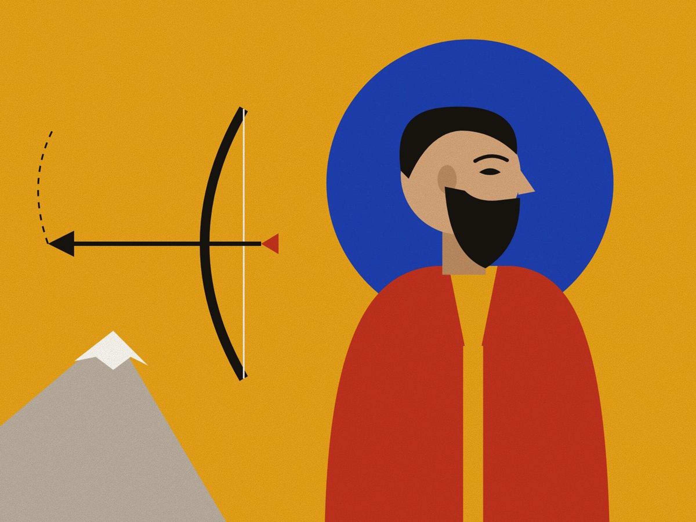 A geometric profile of Arash the archer, bareheaded with a short dark beard, in red, against a lapis halo on saffron, drawing a great bow, with Damavand behind him and the path of his arrow.