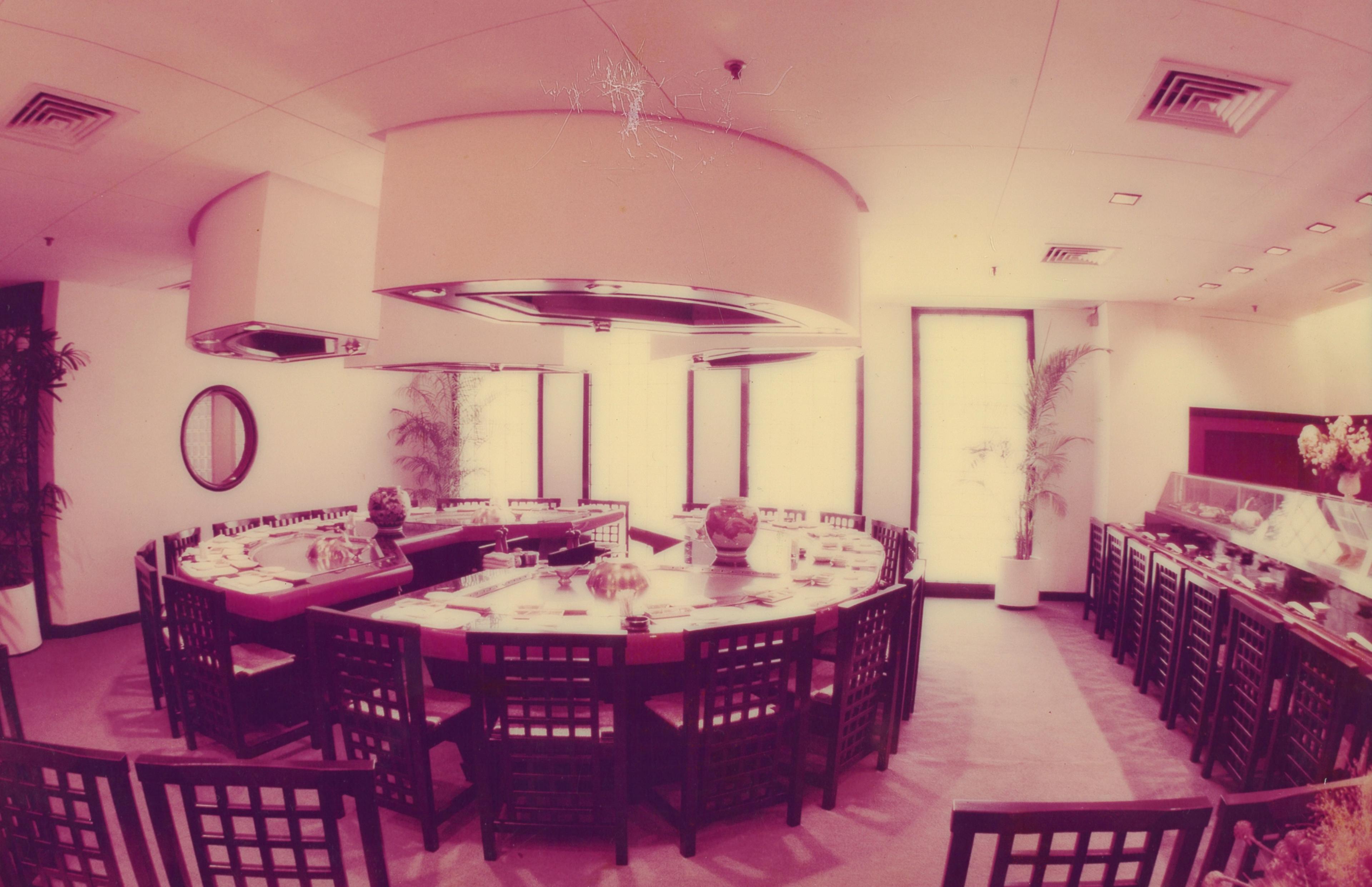 Photograph documenting the first teppanyaki table used at Matsubishi
