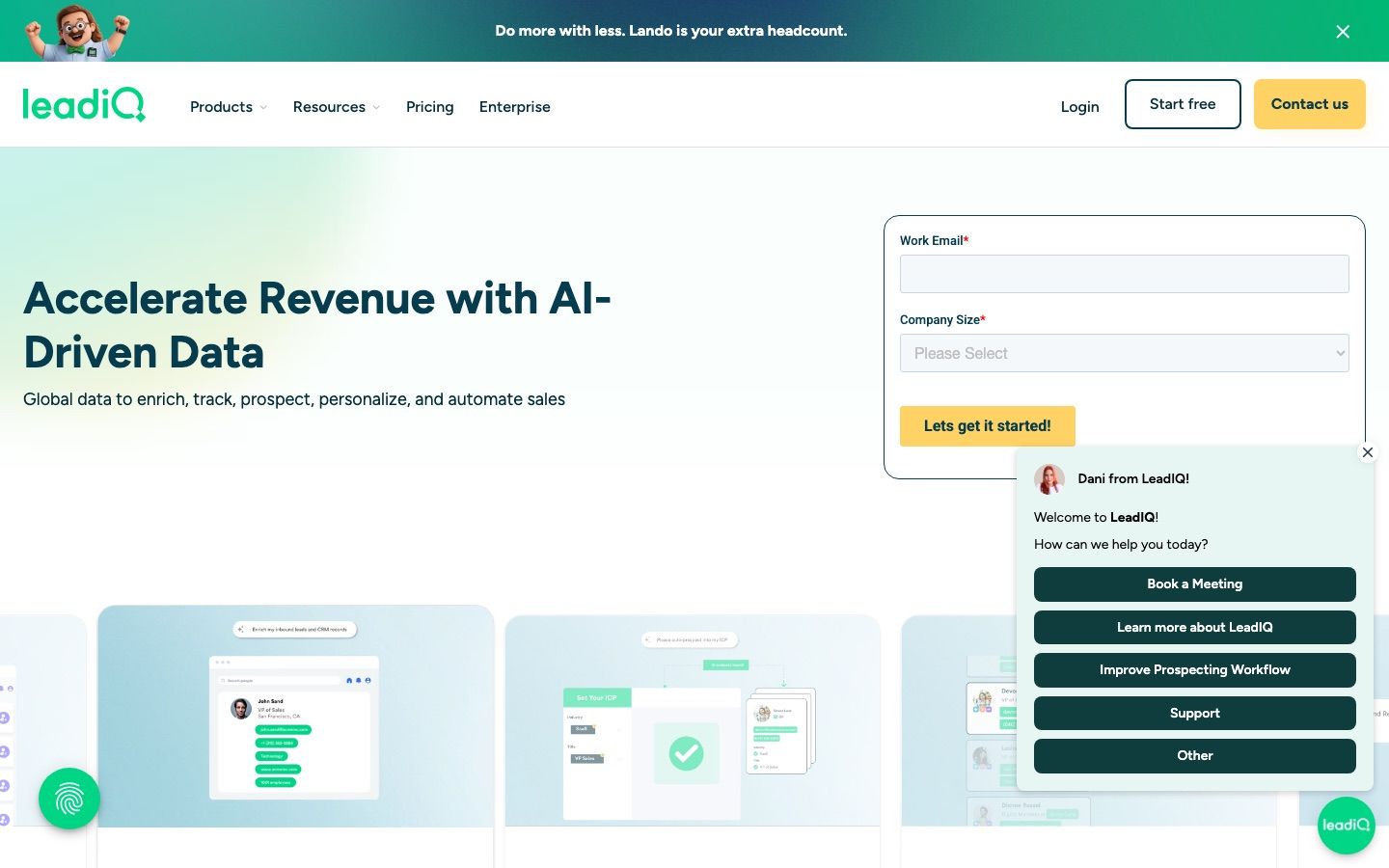 LeadIQ homepage presenting its B2B prospecting and contact data platform