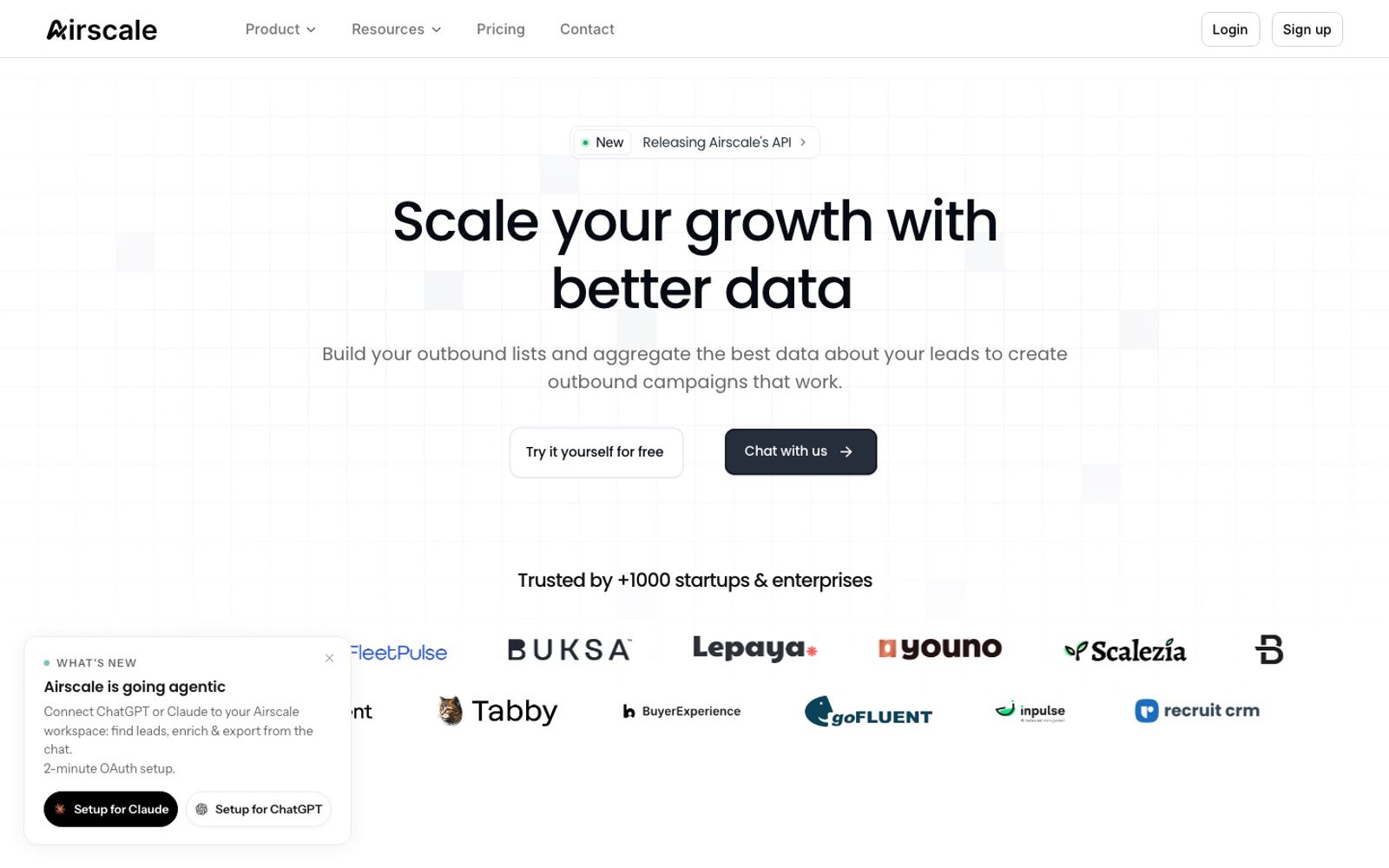 Airscale homepage: scale your growth with better data for outbound lists