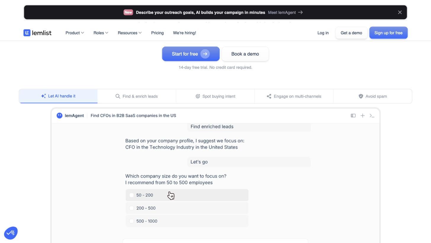 lemlist homepage showing the AI outbound platform