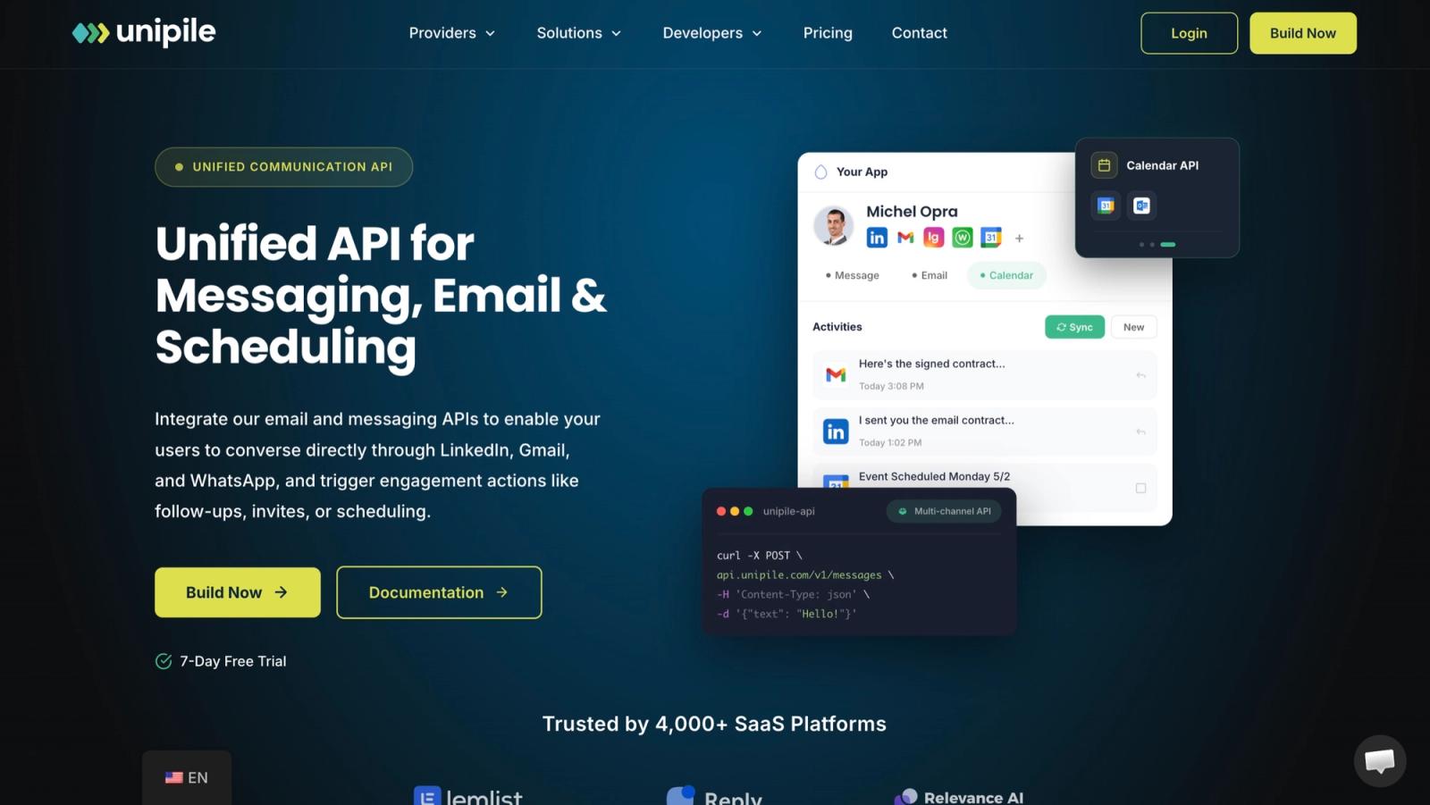 Unipile homepage presenting its multichannel messaging and account API